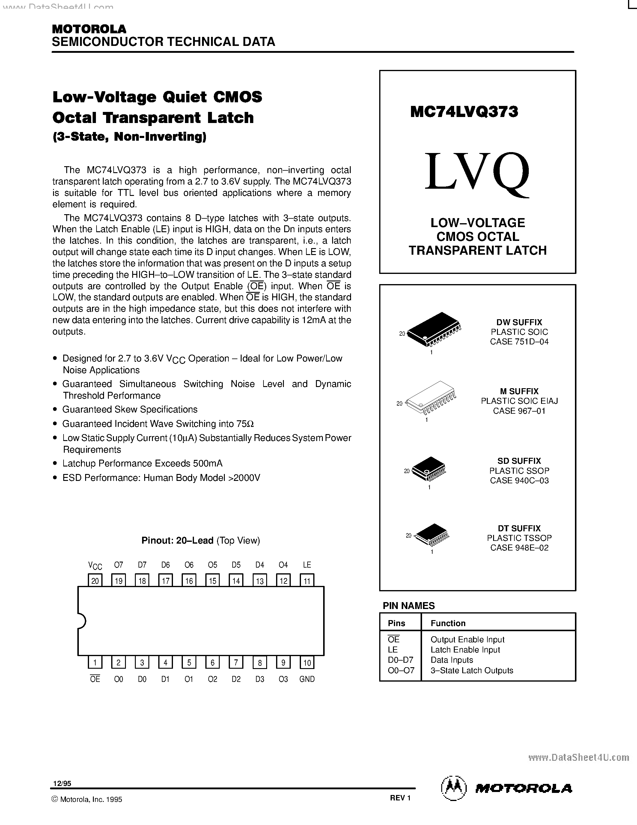 Даташит MC74LVQ373 - LOW-VOLTAGE CMOS OCTAL TRANSPARENT LATCH страница 1