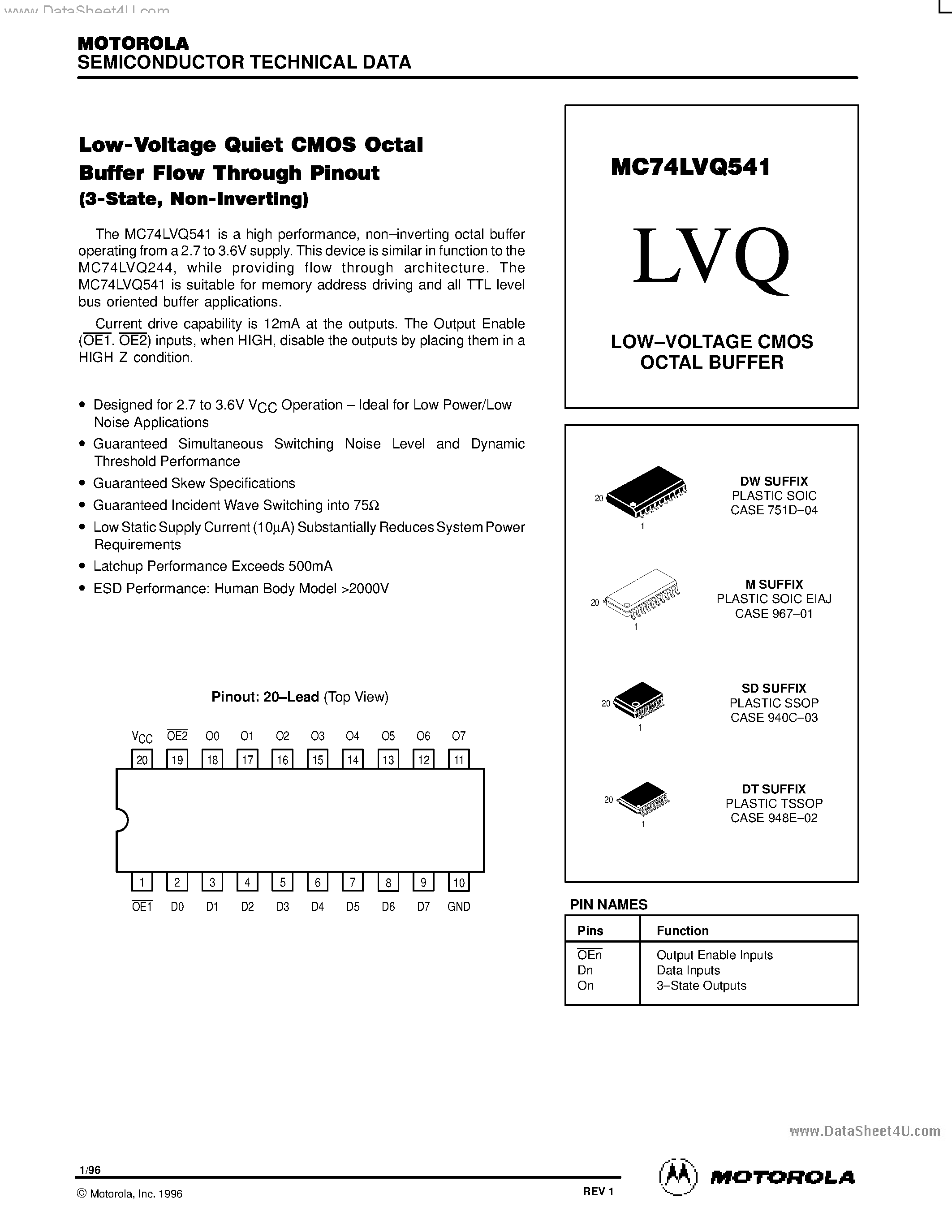 Даташит MC74LVQ541 - LOW-VOLTAGE CMOS OCTAL BUFFER страница 1