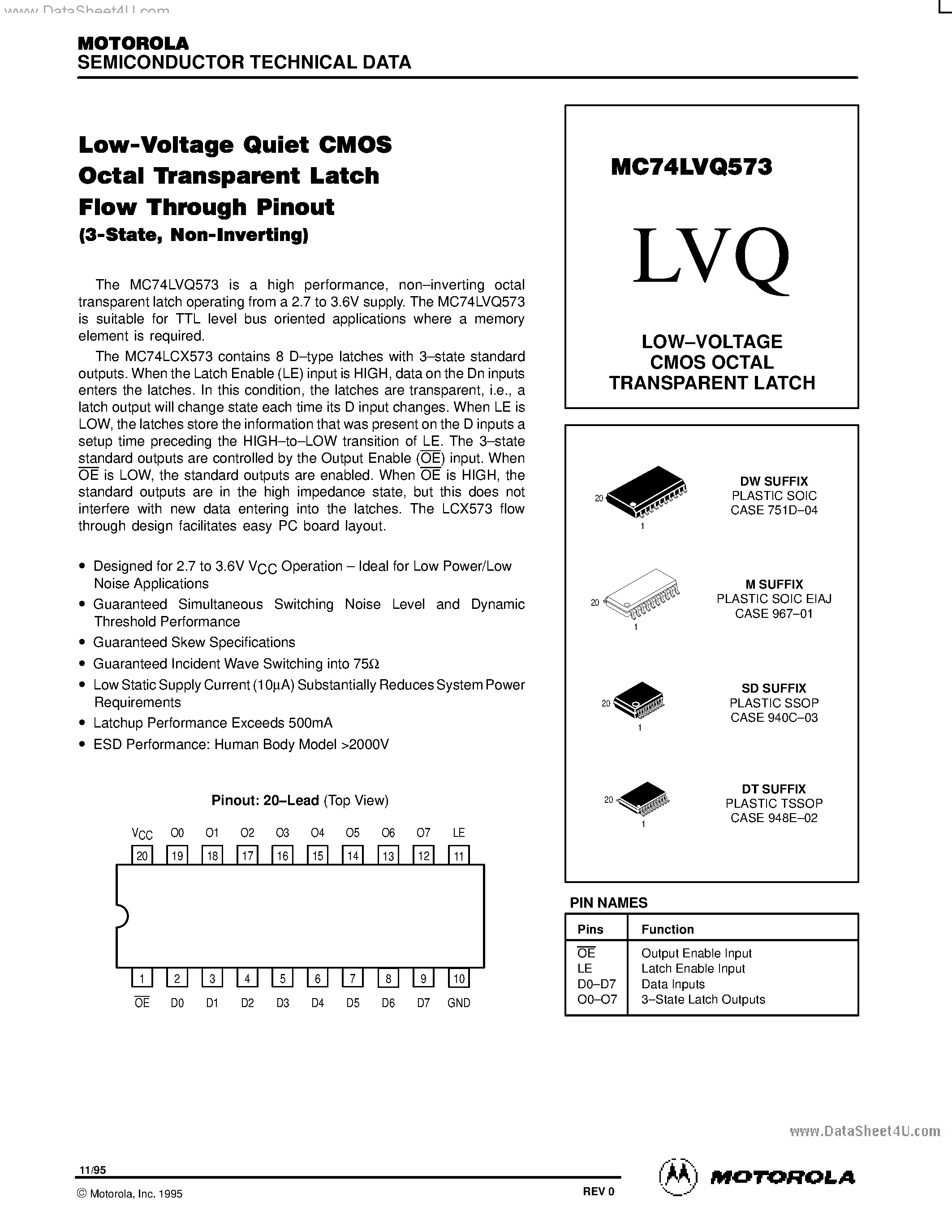 Даташит MC74LVQ573 - LOW-VOLTAGE CMOS OCTAL TRANSPARENT LATCH страница 1