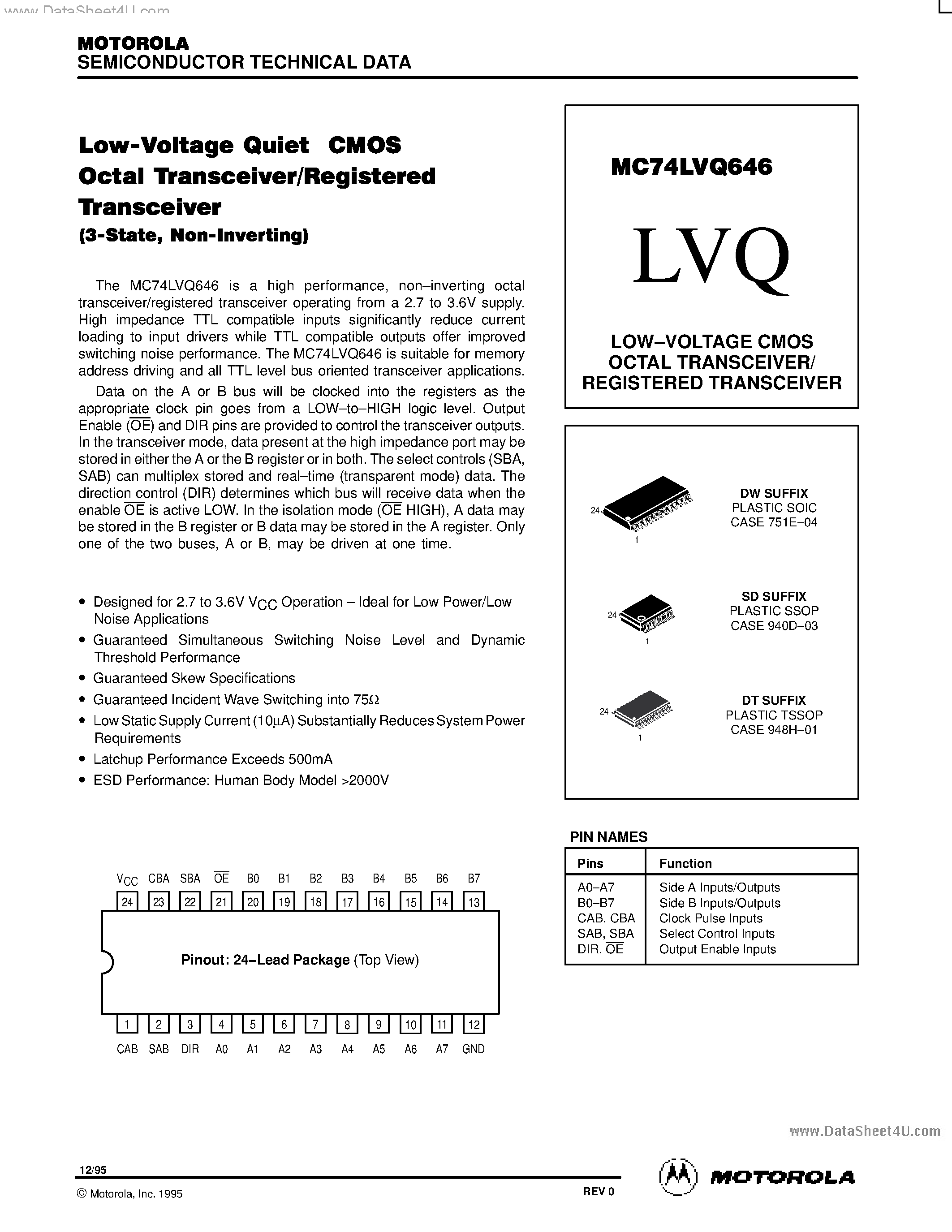 Даташит MC74LVQ646 - LOW-VOLTAGE CMOS OCTAL TRANSCEIVER/ REGISTERED TRANSCEIVER страница 1