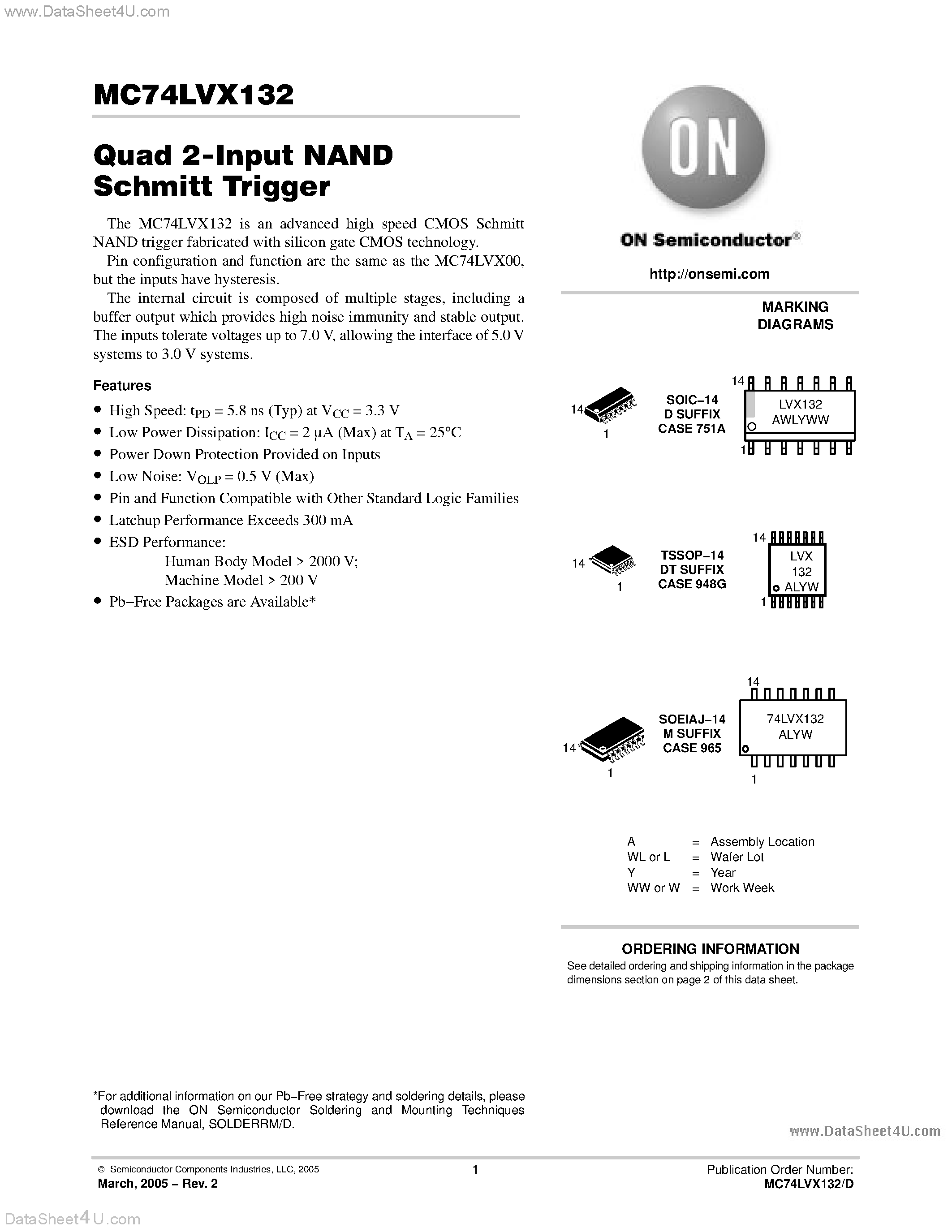 Даташит MC74LVX132 - Quad 2-Input NAND Schmitt Trigger страница 1