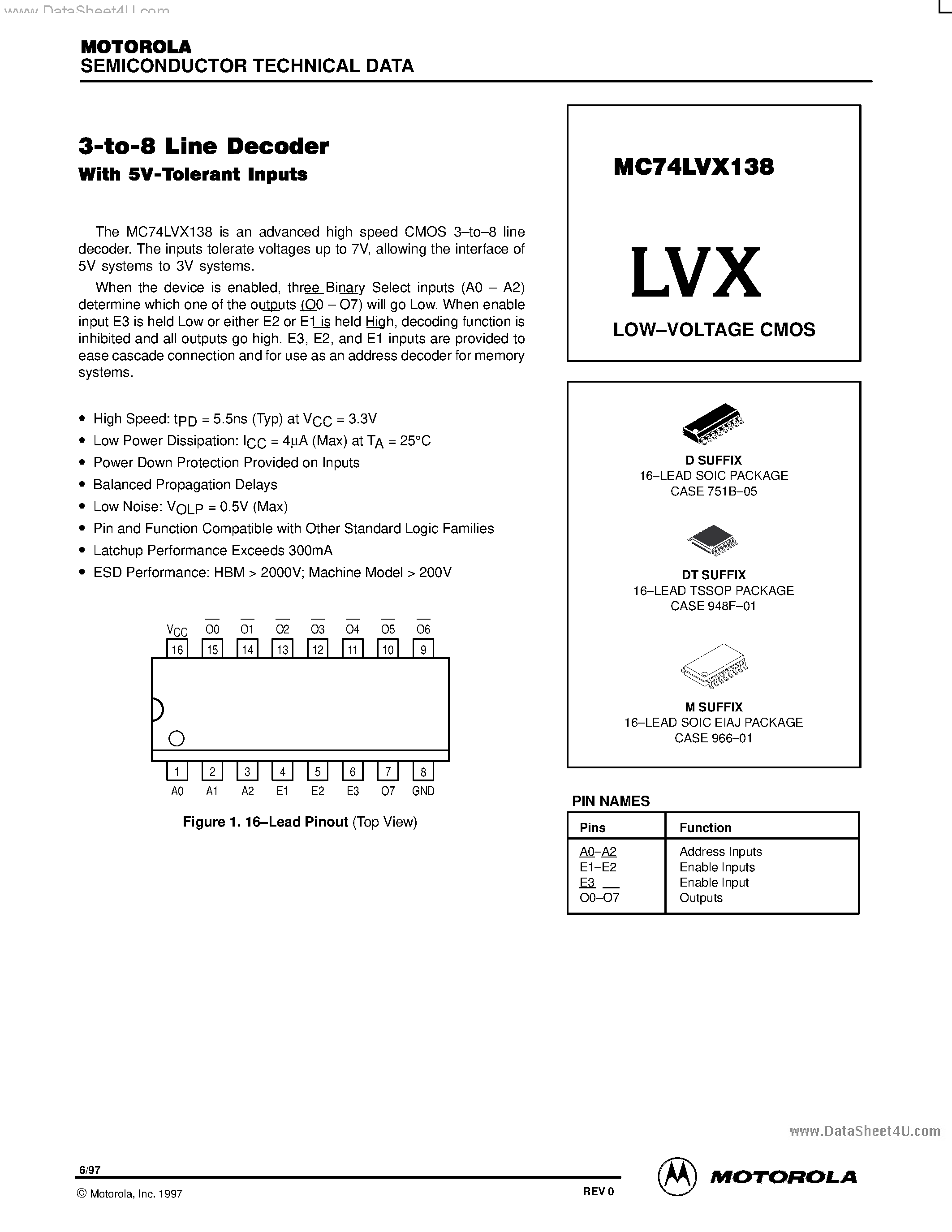 Даташит MC74LVX138 - LOW-VOLTAGE CMOS страница 1