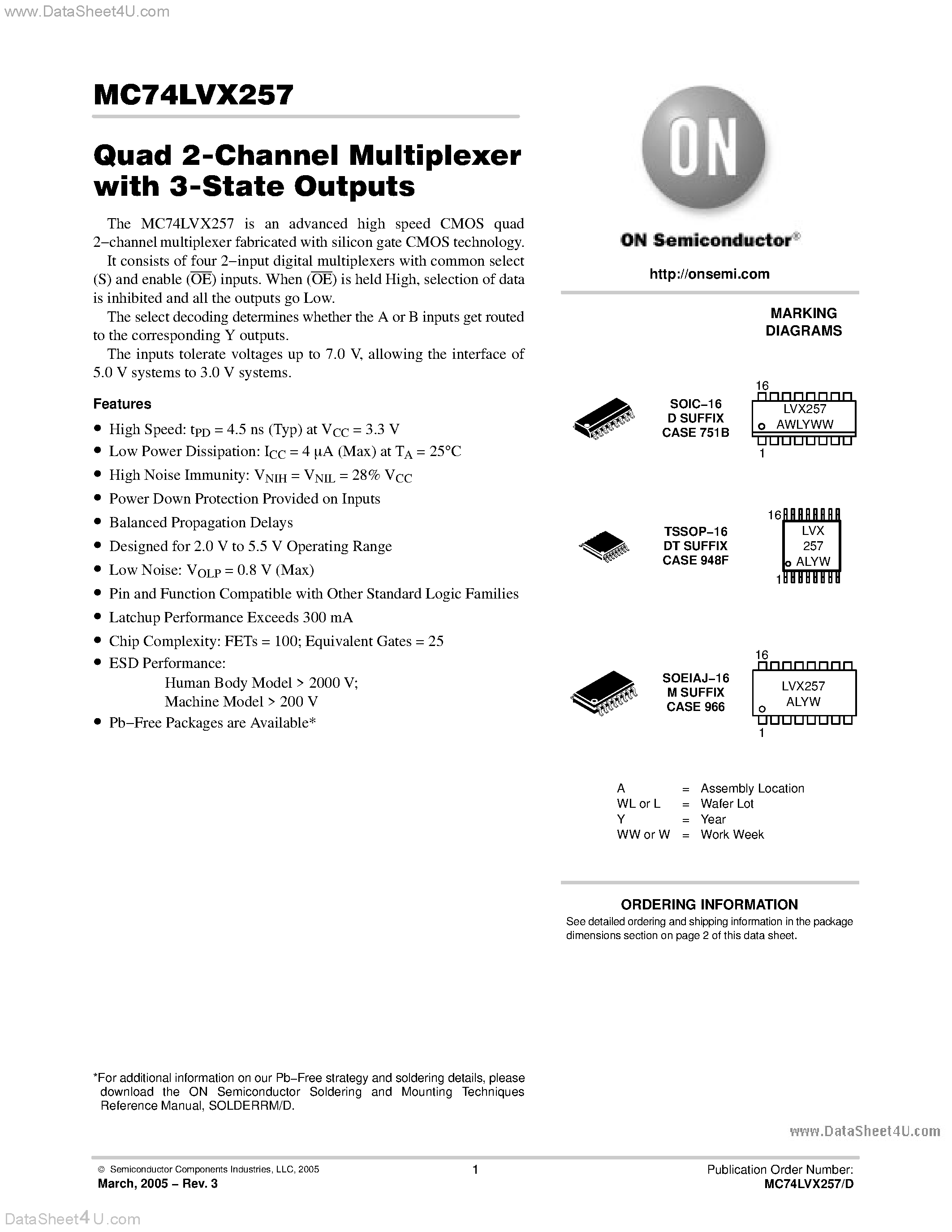 Даташит MC74LVX257 - Quad 2-Channel Multiplexer with 3-State Outputs страница 1