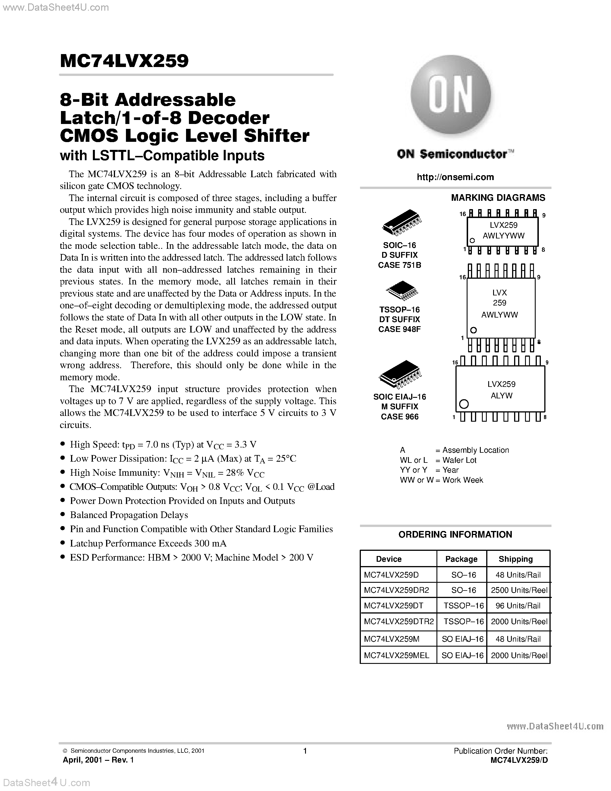 Даташит MC74LVX259 - 8-Bit Addressable Latch/1-of-8 Decoder CMOS Logic Level Shifter страница 1