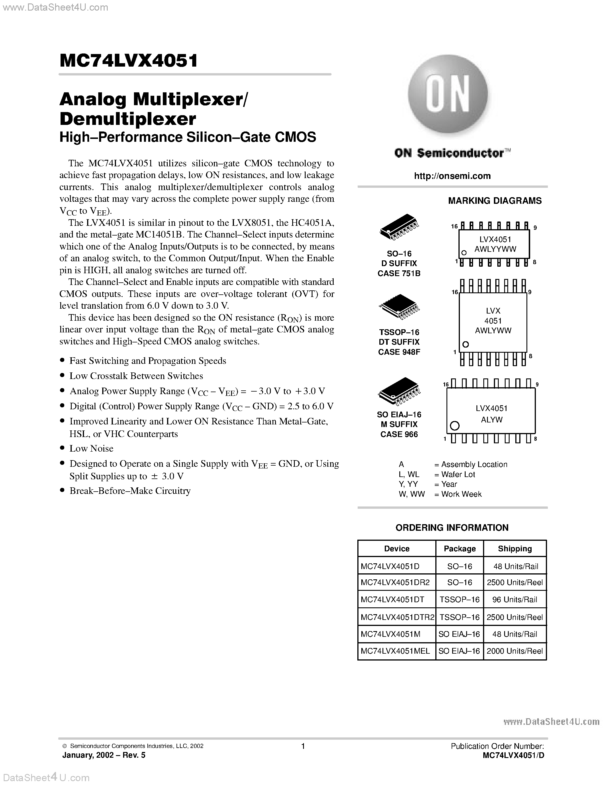 Даташит MC74LVX4051 - Analog Multiplexer/ Demultiplexer страница 1