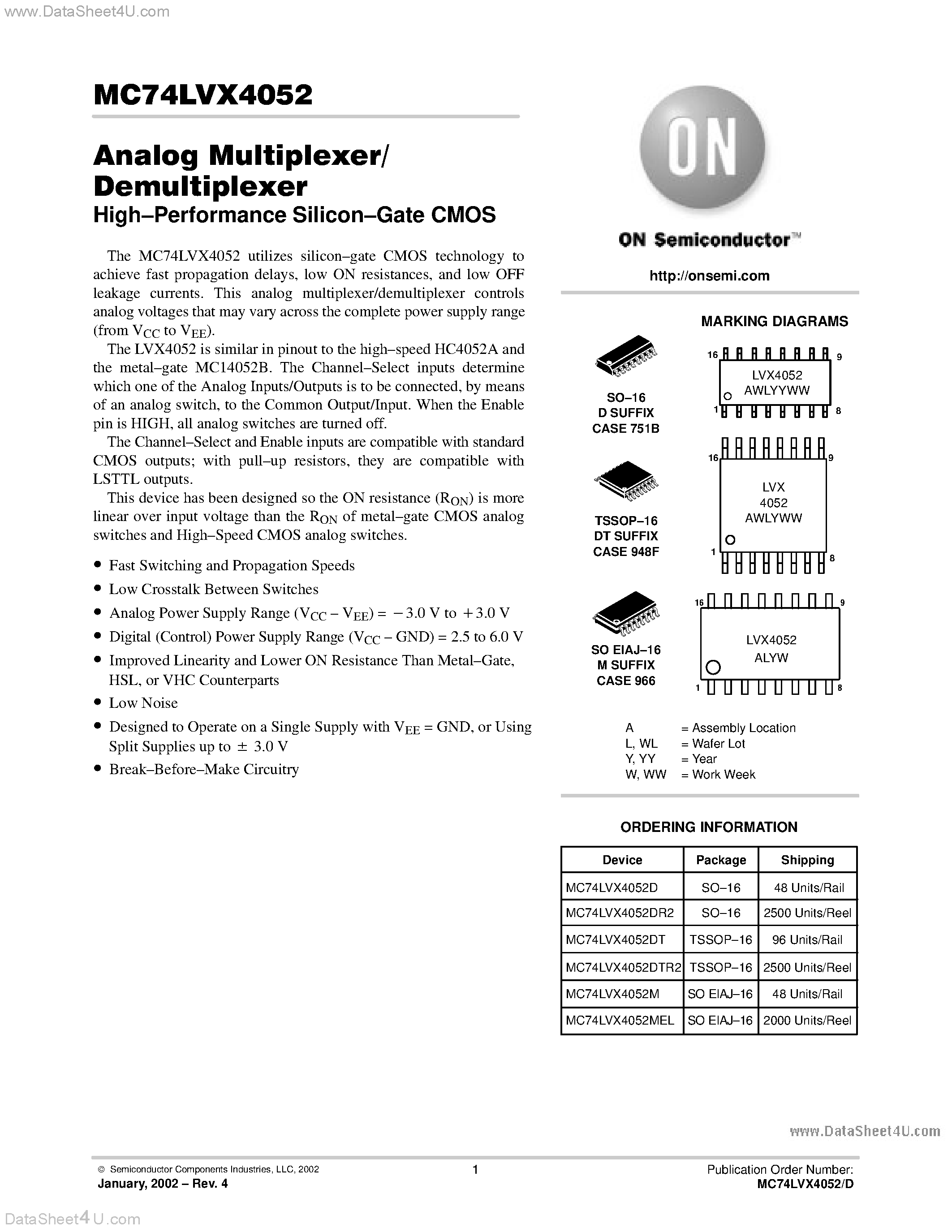 Даташит MC74LVX4052 - Analog Multiplexer/ Demultiplexer страница 1