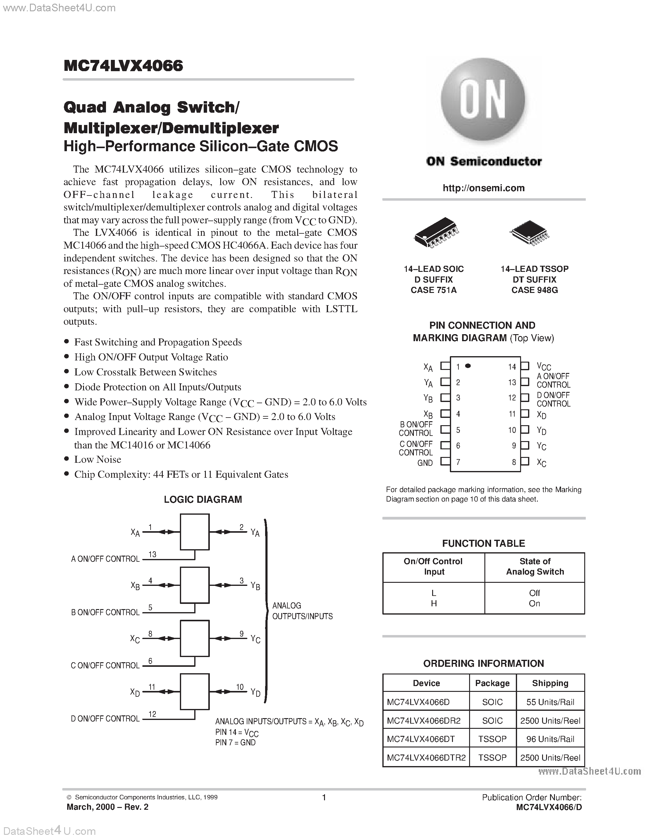 Даташит MC74LVX4066 - Quad Analog Switch/Multiplexer/Demultiplexer страница 1