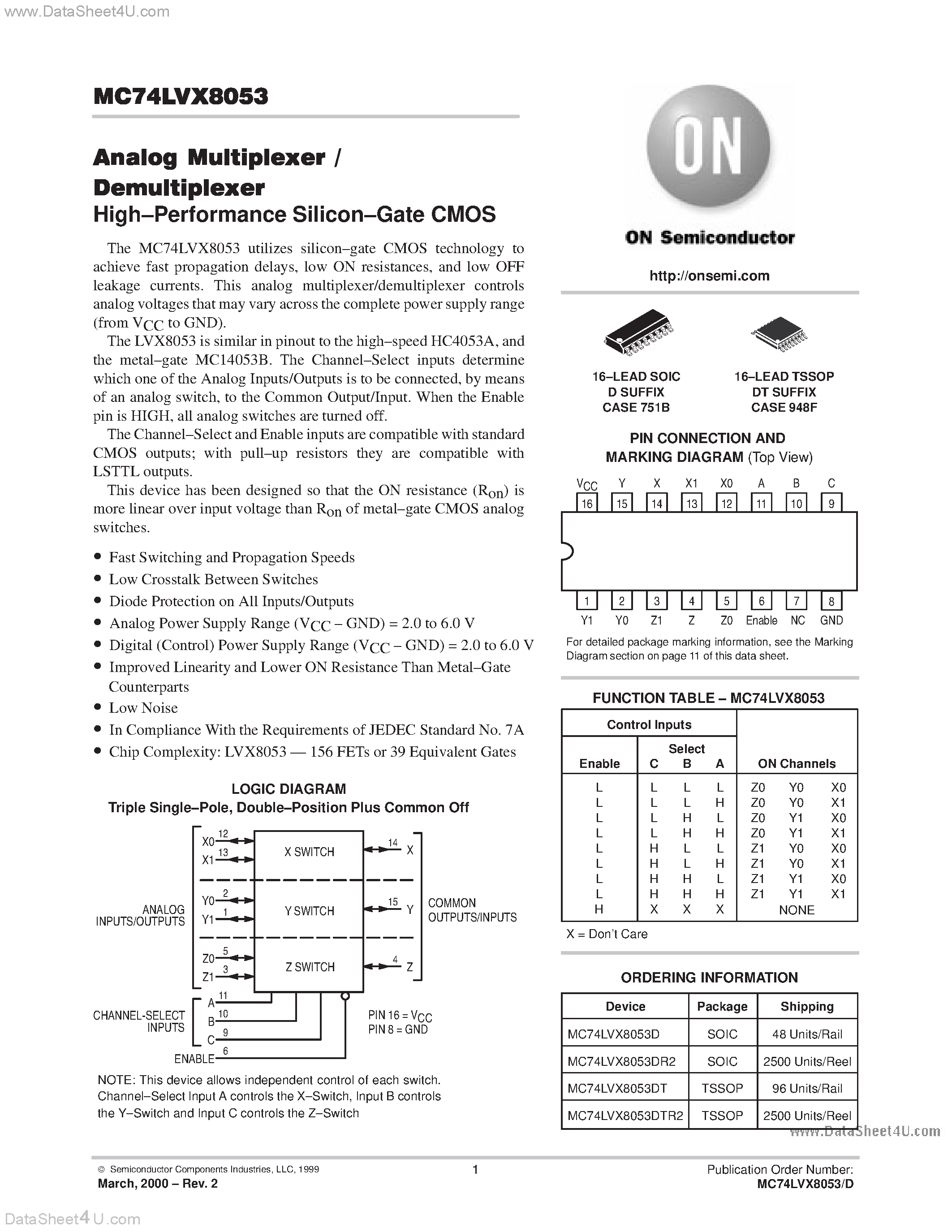 Даташит MC74LVX8053 - Analog Multiplexer/Demultiplexer страница 1