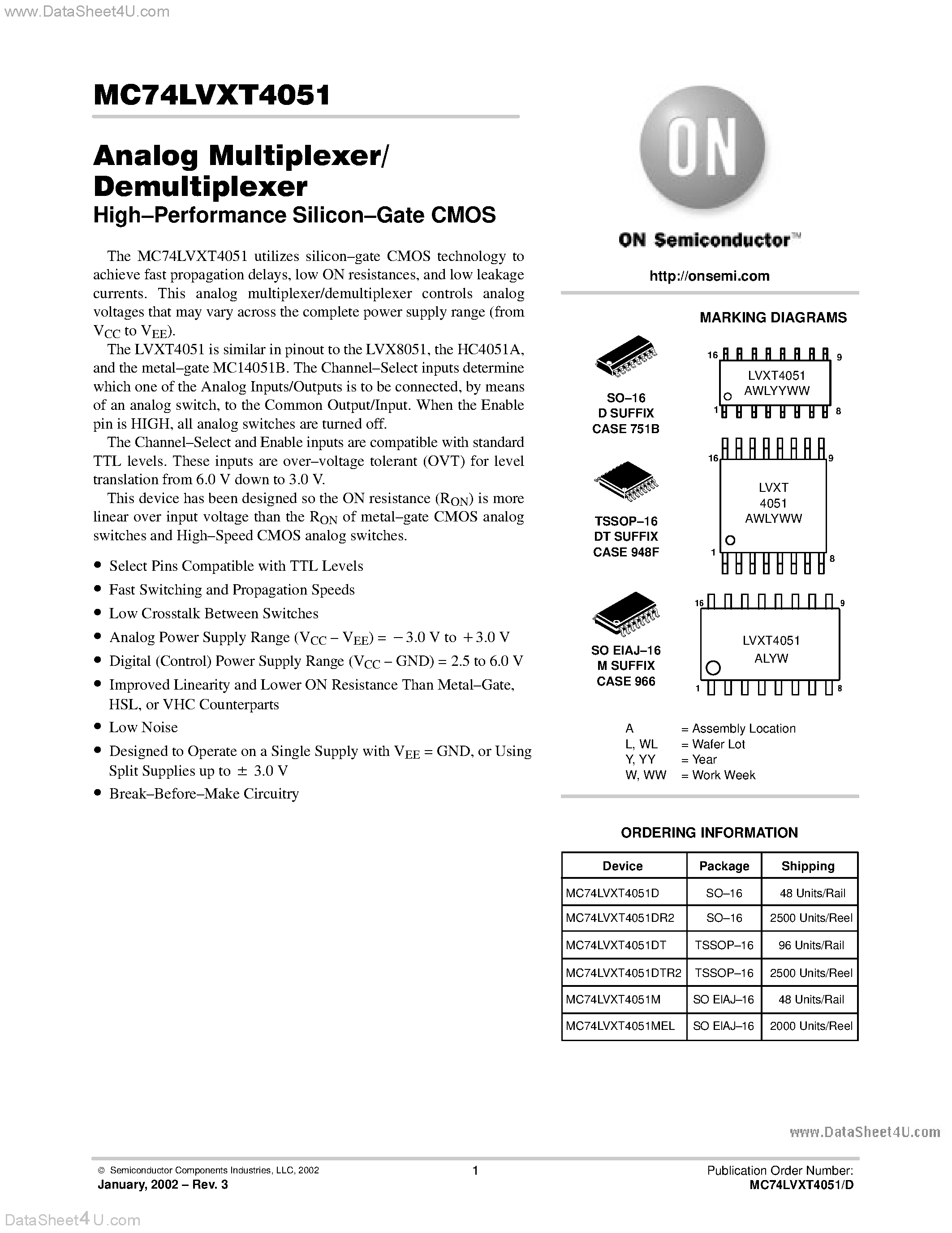 Даташит MC74LVXT4051 - ANALOG MULTIPLEXER DEMULTIPLEXER HIGH-PERFORMANCE SILICON-GATE CMOS страница 1