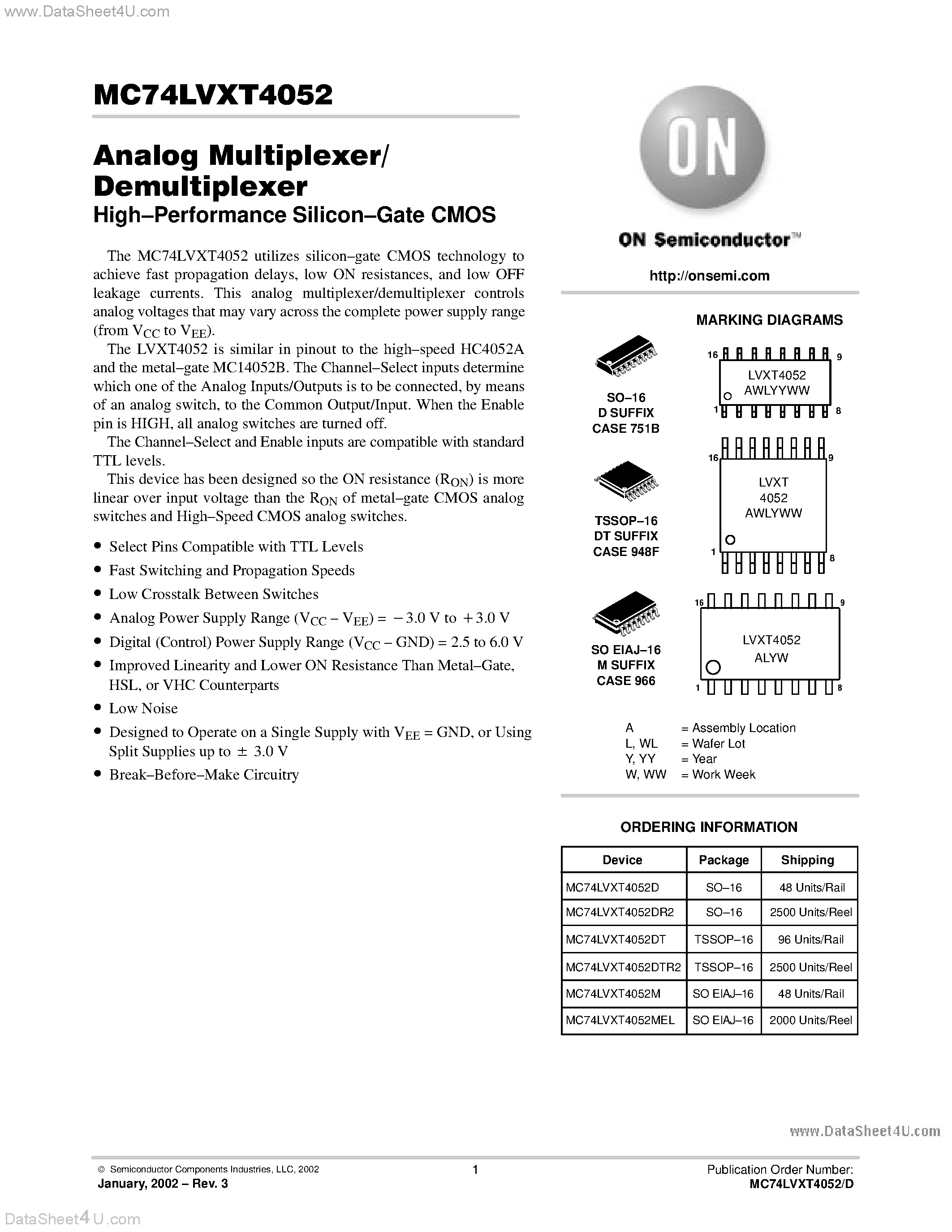 Даташит MC74LVXT4052 - Analog Multiplexer Demultiplexer страница 1