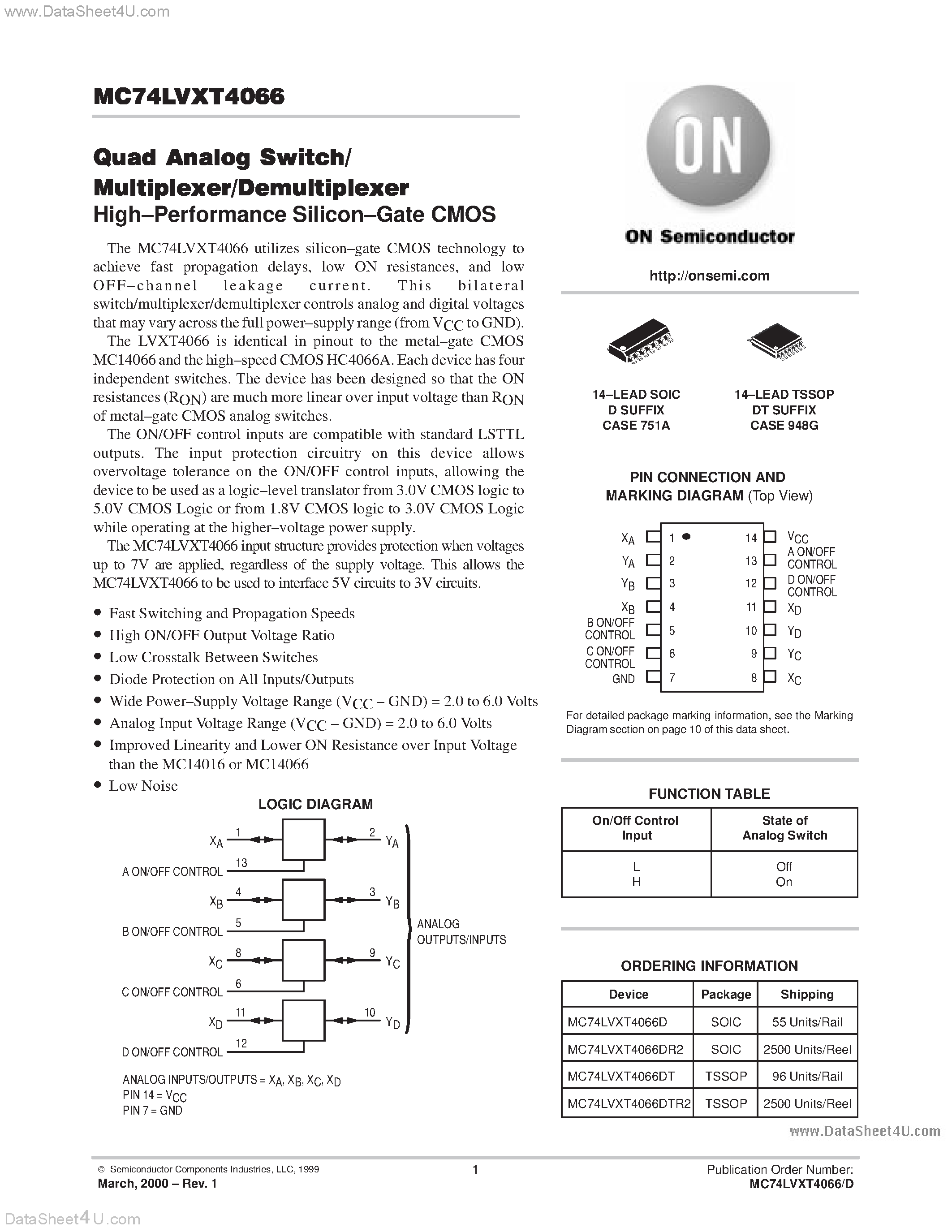 Даташит MC74LVXT4066 - Quad Analog Switch/Multiplexer/Demultiplexer страница 1