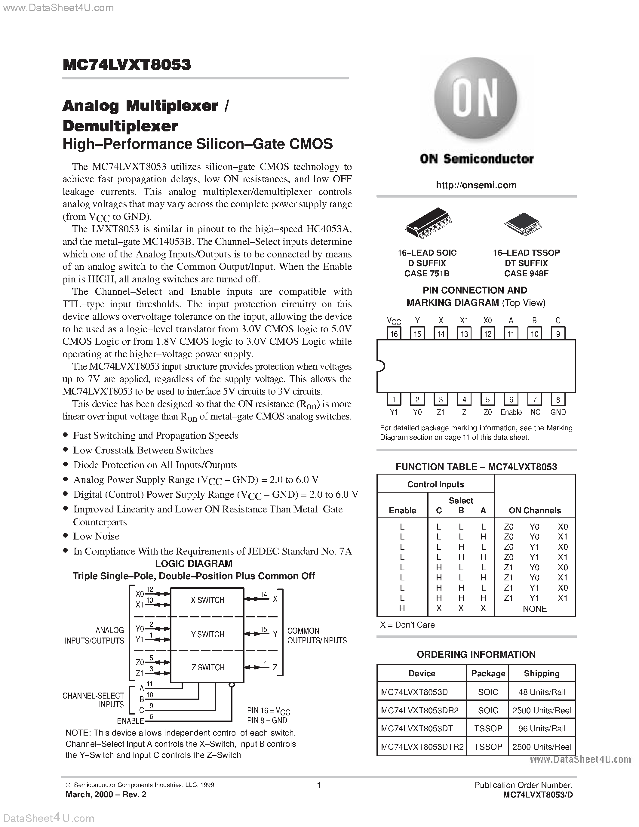 Даташит MC74LVXT8053 - Analog Multiplexer/Demultiplexer страница 1