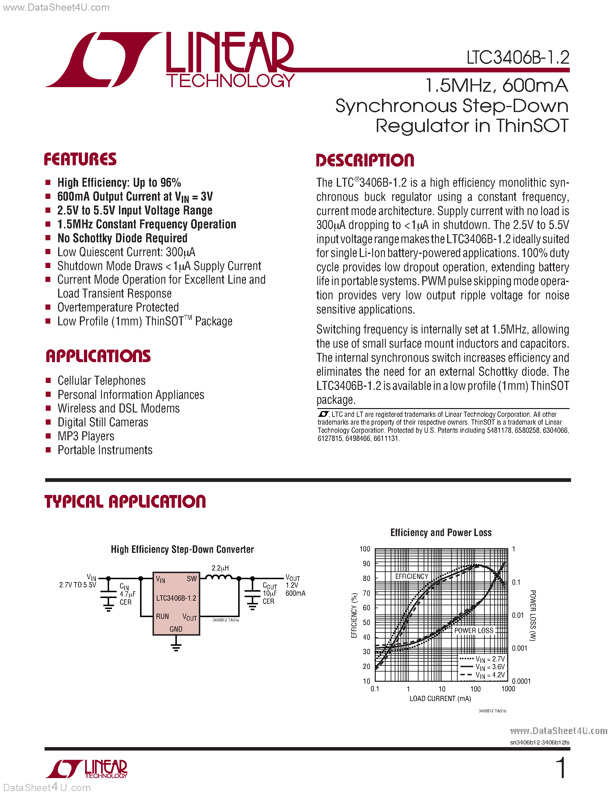 Даташит LTC3406B-1 - (LTC3406B-1/-2) 600mA Synchronous Step-Down Regulator in ThinSOT страница 1