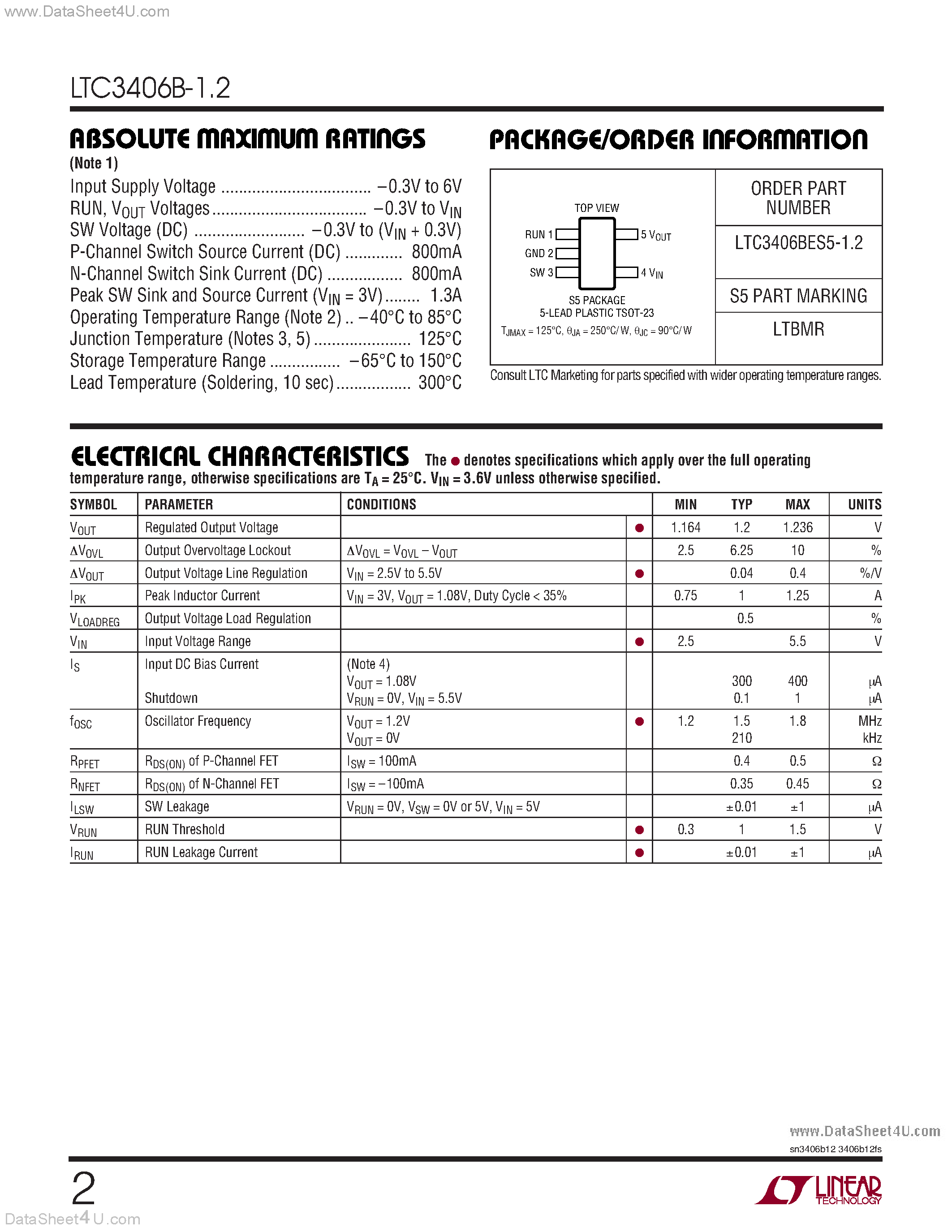 Даташит LTC3406B-1 - (LTC3406B-1/-2) 600mA Synchronous Step-Down Regulator in ThinSOT страница 2