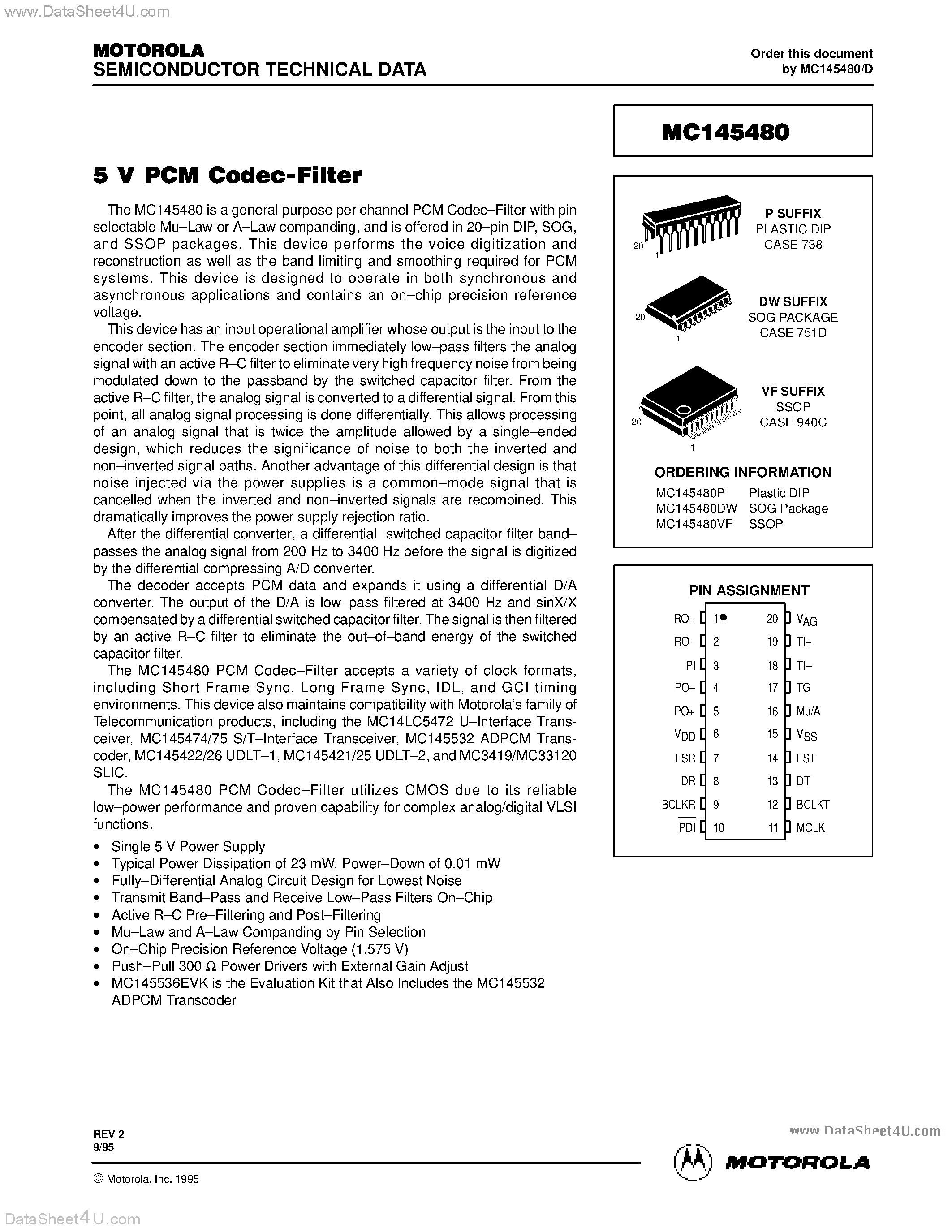 Даташит MC145480 - 5V PCM CODEC-FILTER страница 1