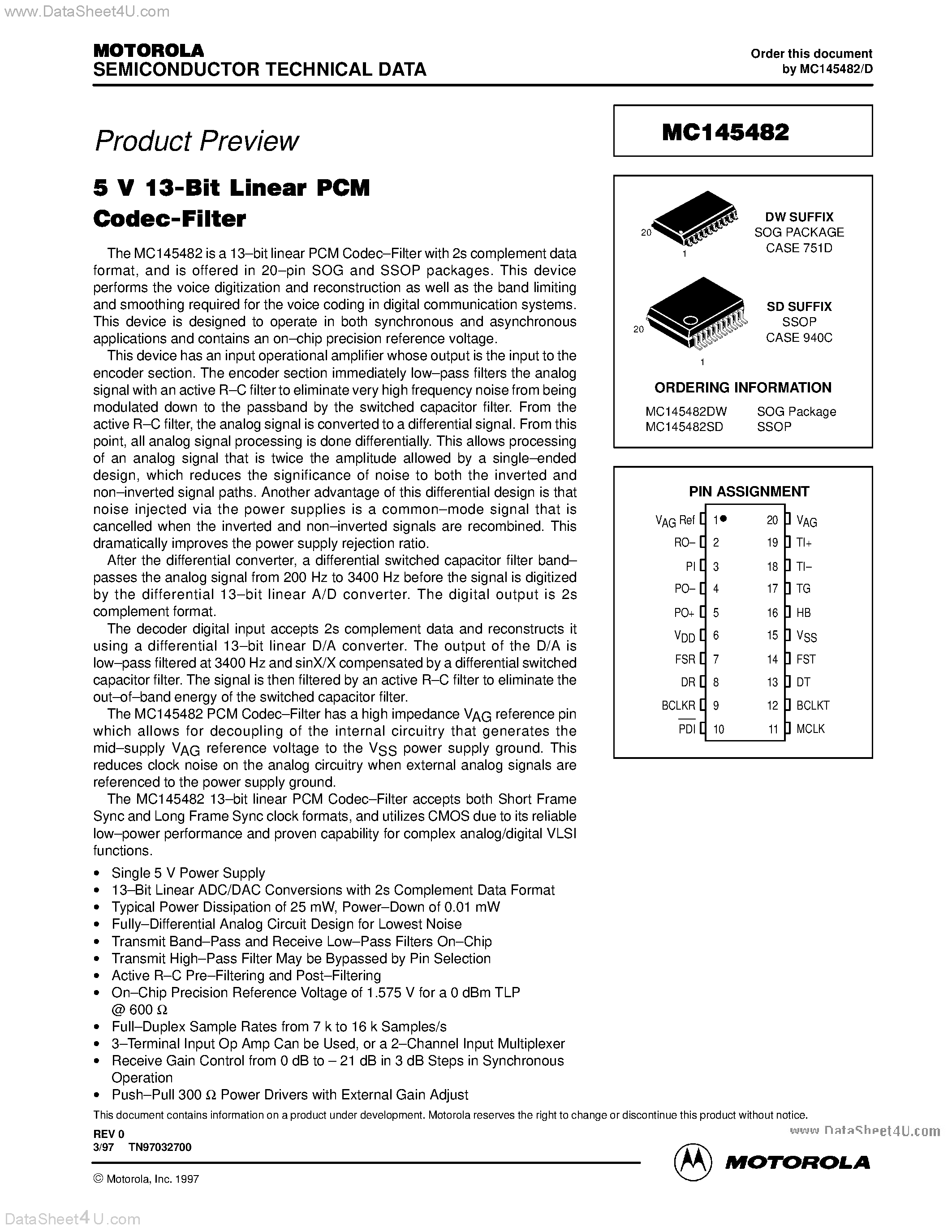 Даташит MC145482 - 5V 13-BIT LINEAR PCM CODEC-FILTER страница 1