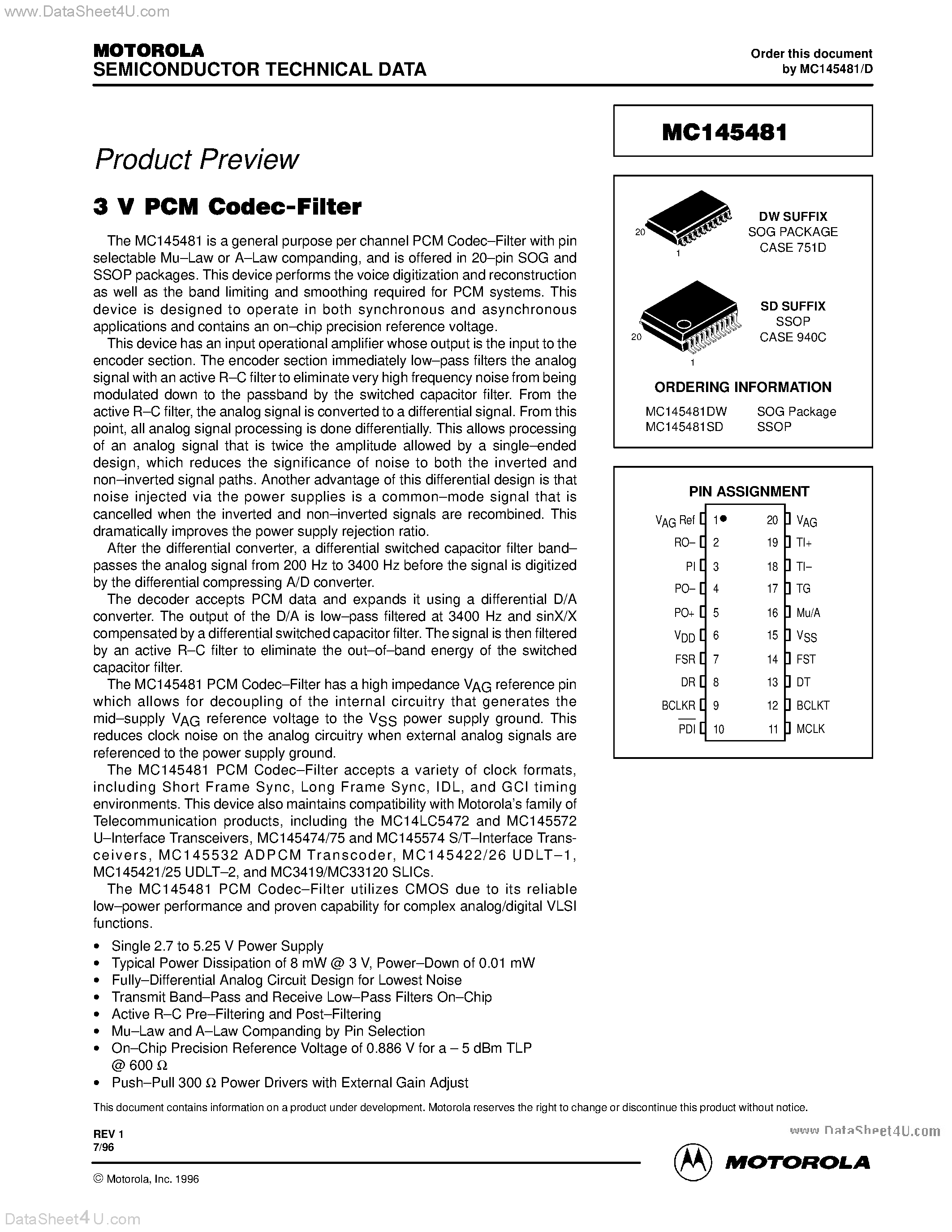 Даташит MC145481 - 3V PCM CODEC-FILTER страница 1