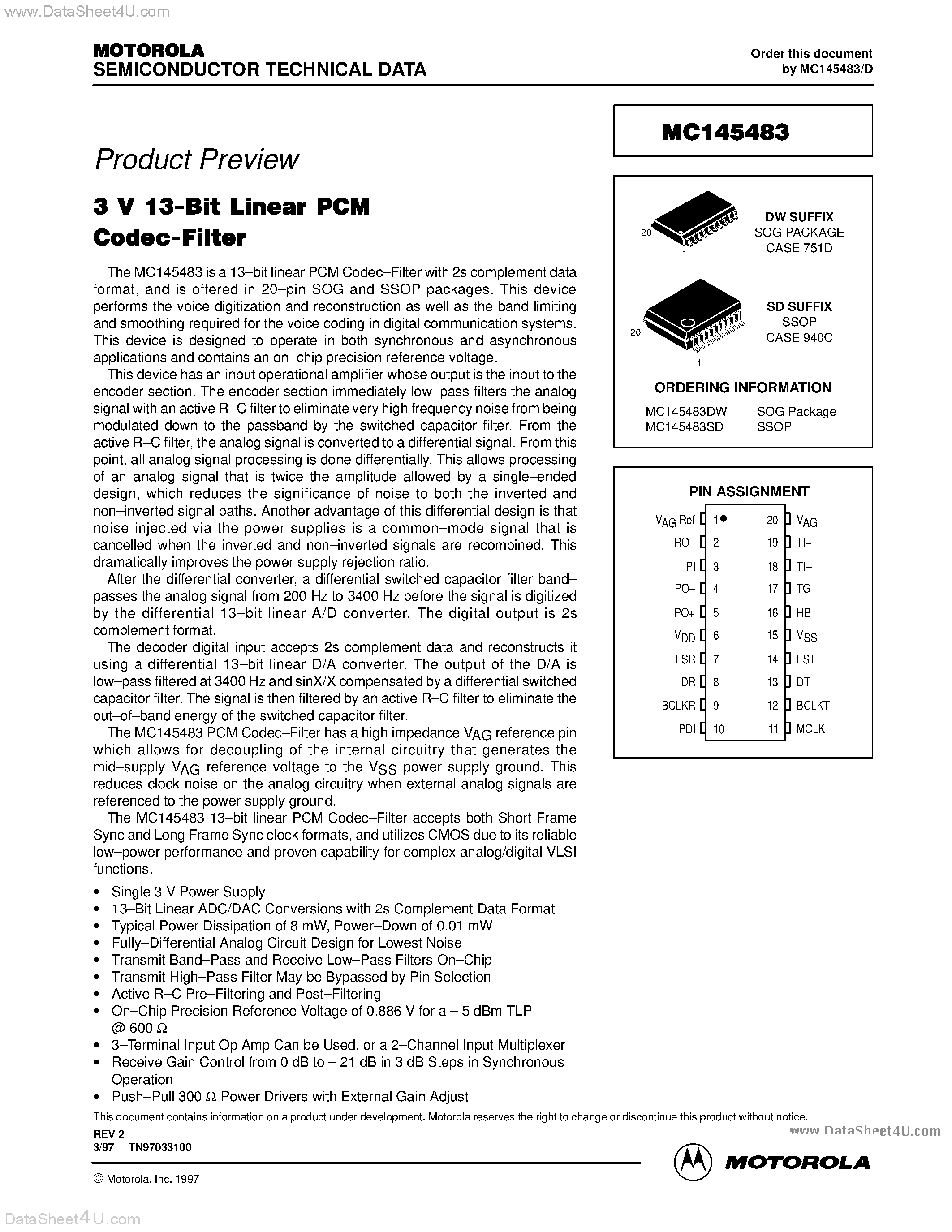 Даташит MC145483 - 3V 13-BIT LINEAR PCM CODEC-FILTER страница 1