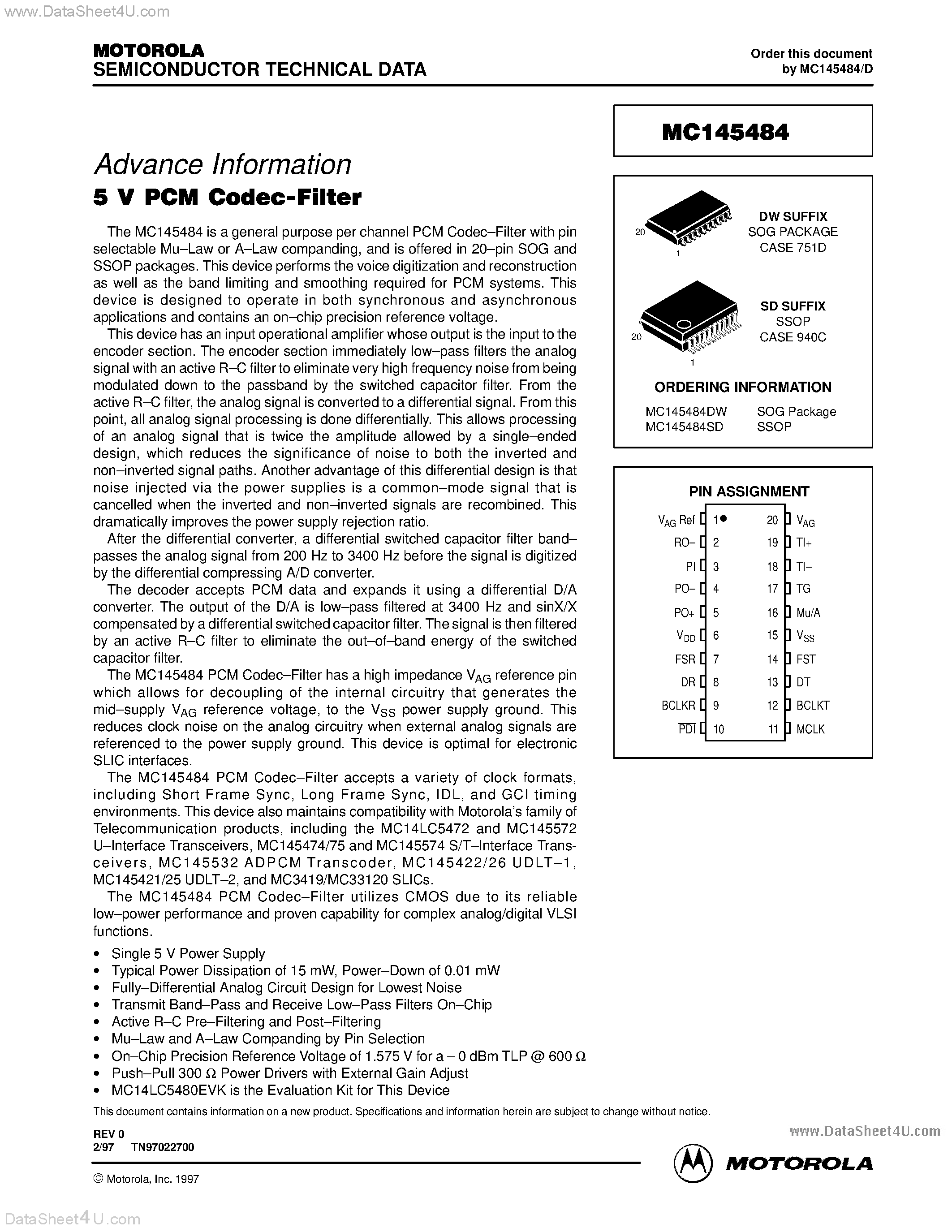 Даташит MC145484 - 5V PCM CODEC-FILTER страница 1