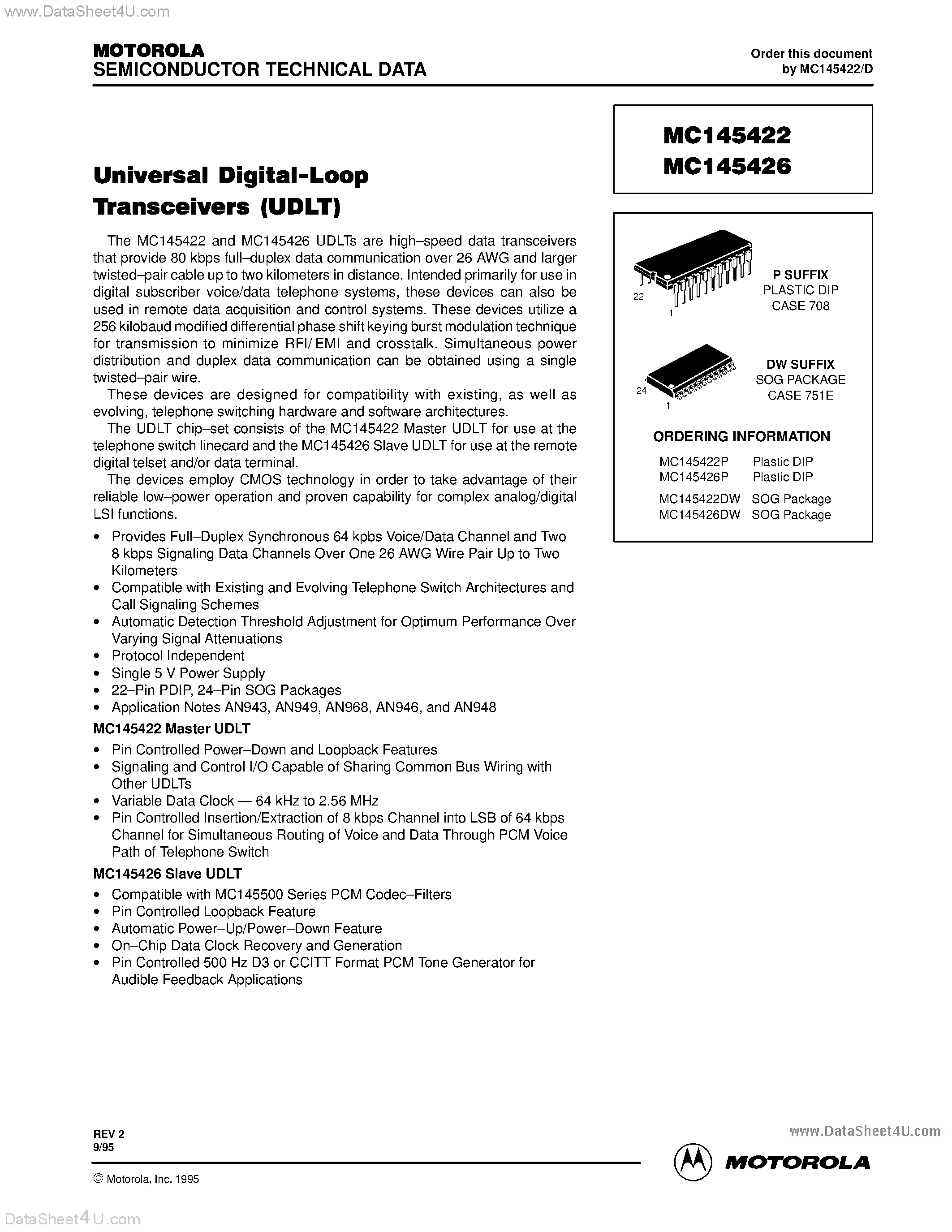 Даташит MC145422 - (MC145422 / MC145426) UNIVERSAL DIGITAL-LOOP TRANSCEIVER(UDLT) страница 1