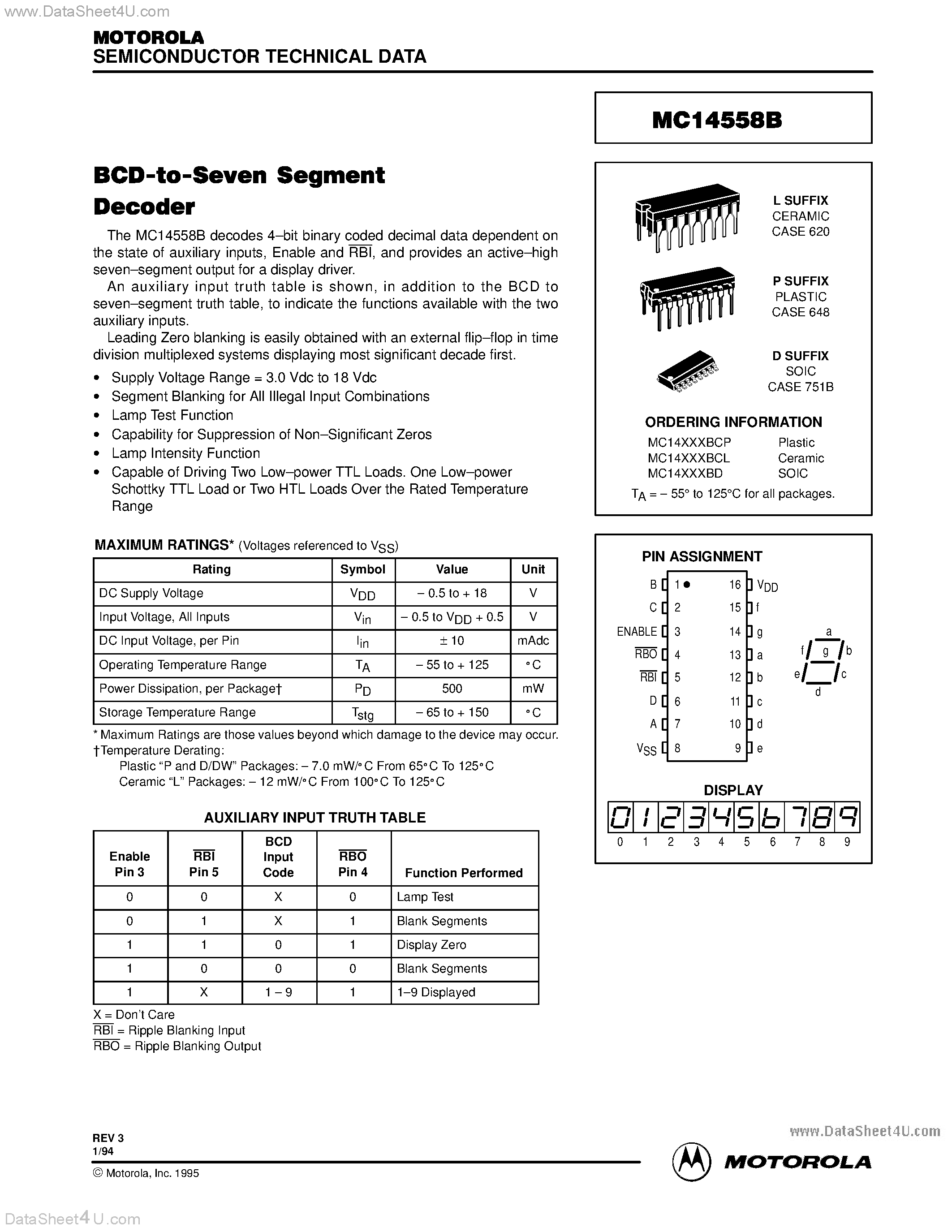 Даташит MC14558B - BCD-TO-SEVEN SEGMENT DECODER страница 1