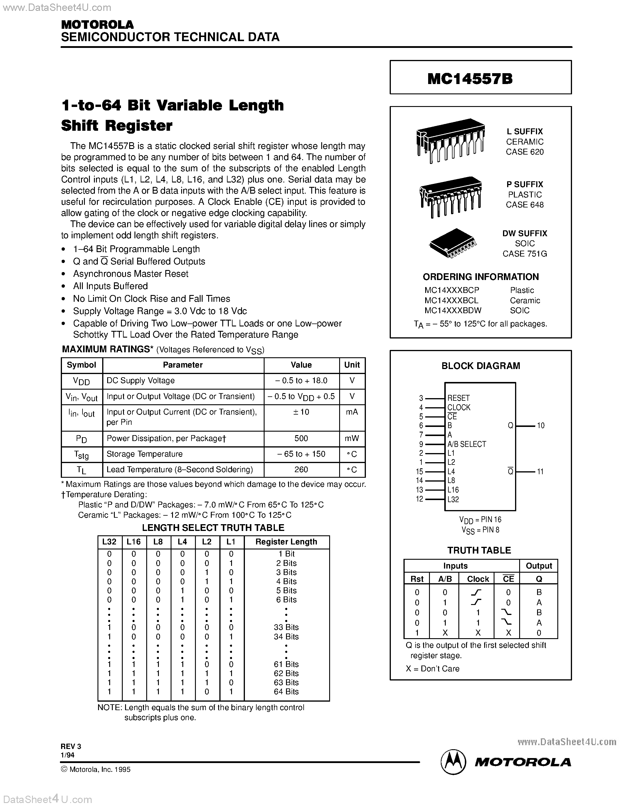 Даташит MC14557B - 1-TO-64 BIT VARIABLE LENGTH SHIFT REGISTER страница 1