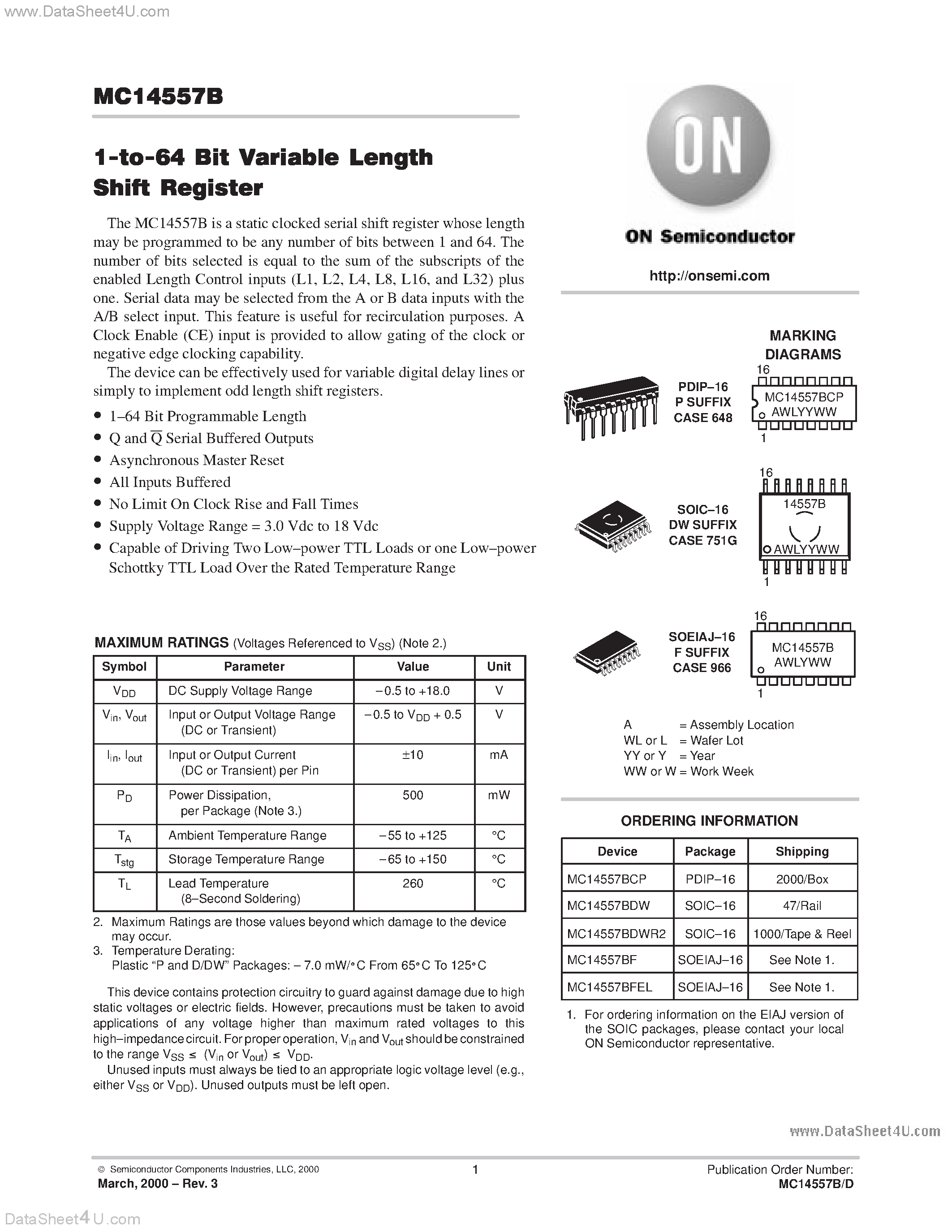 Даташит MC14557B - 1-to-64 Bit Variable Length Shift Register страница 1