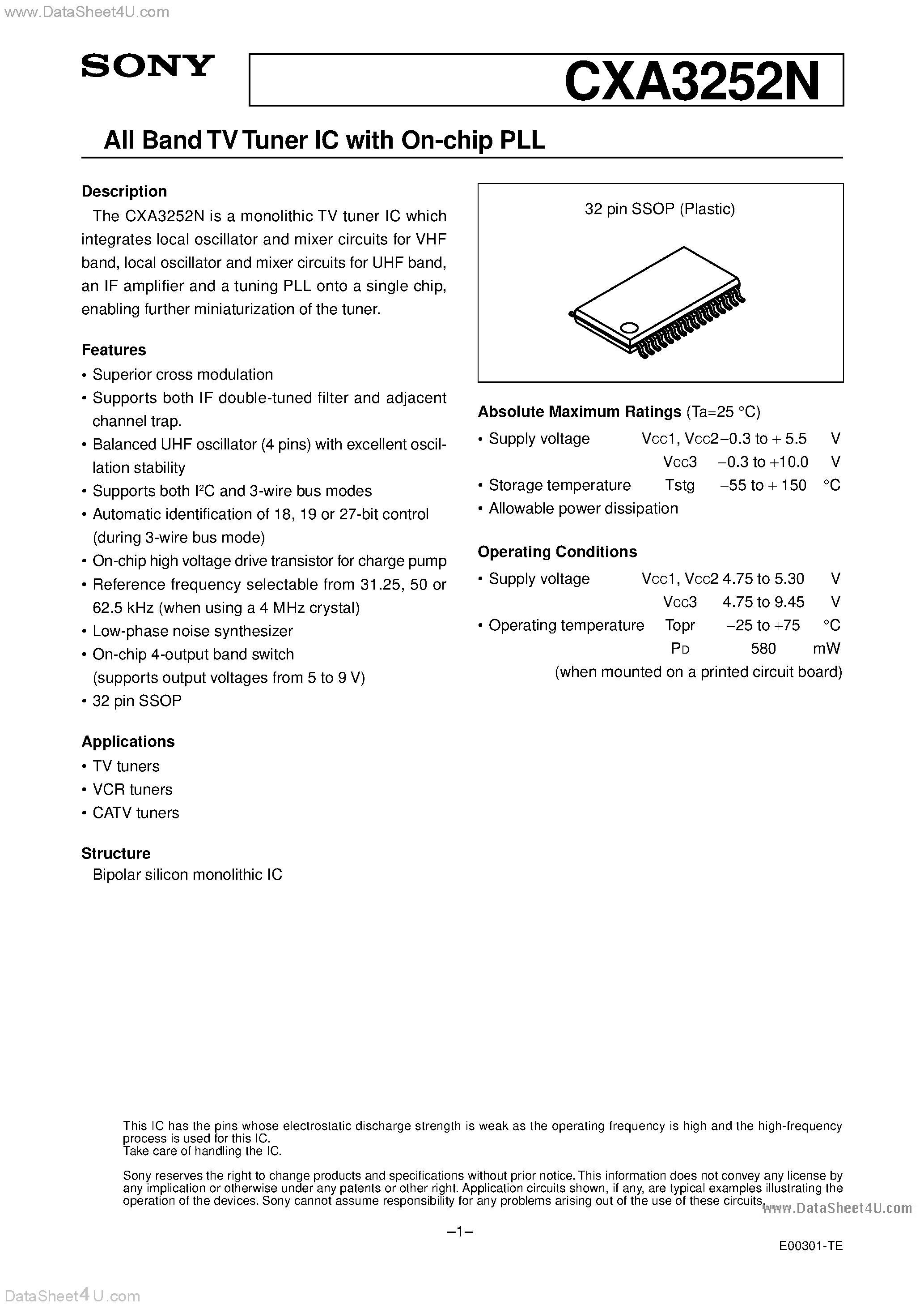 Datasheet CXA3252N - All Band TV Tuner IC with On-chip PLL page 1