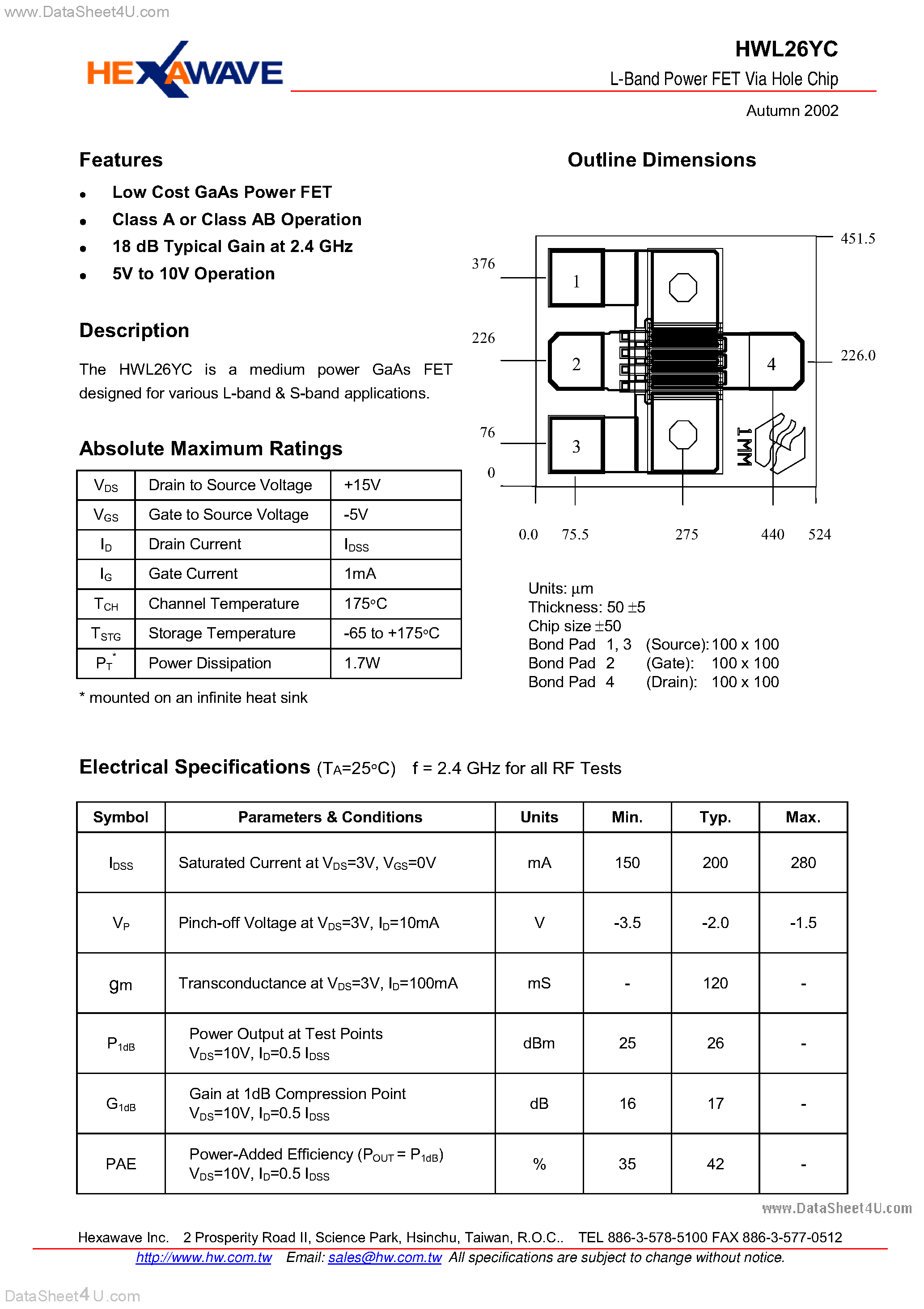 Datasheet HWL26YC - L-Band Power FET Via Hole Chip page 1