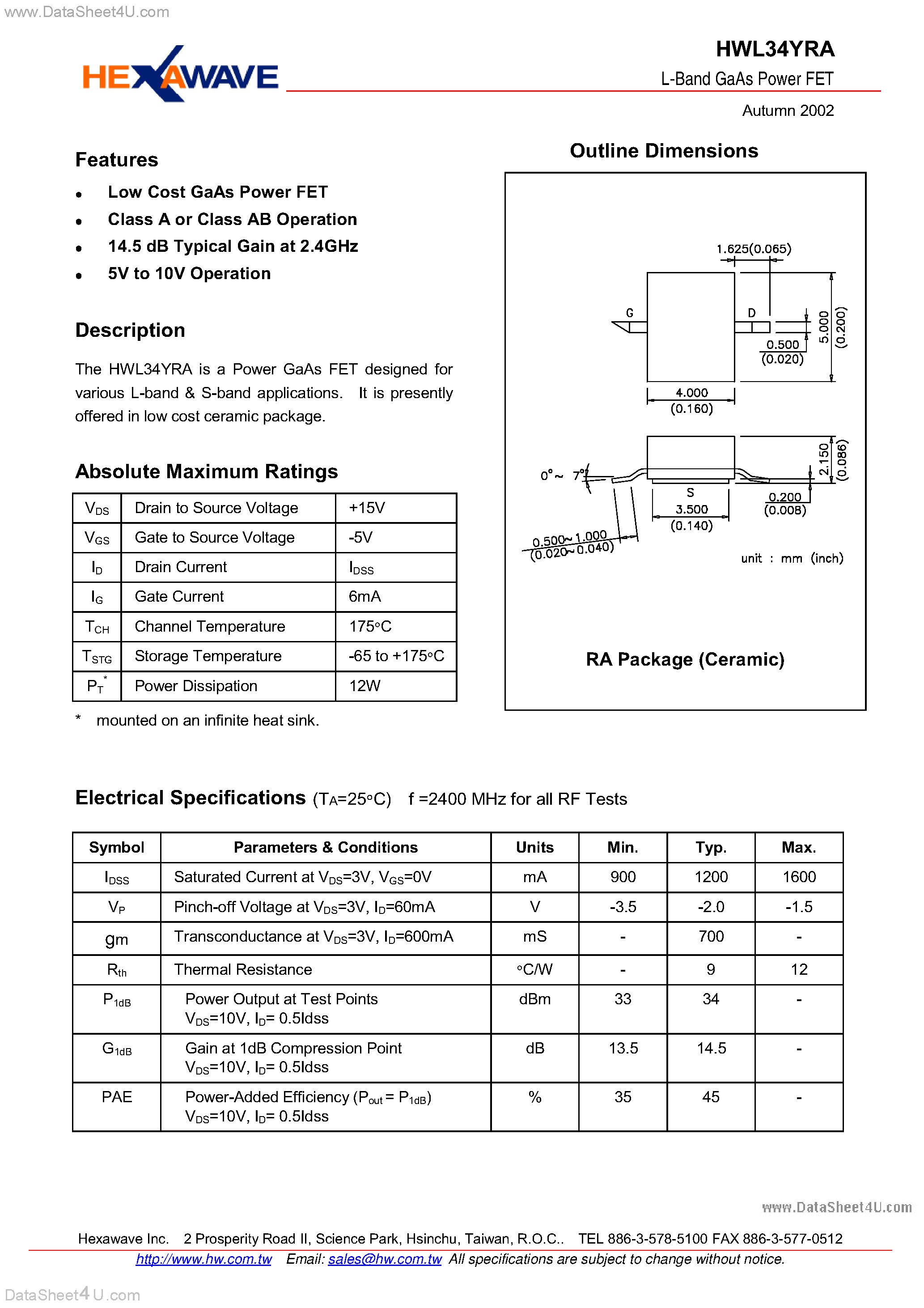 Datasheet HWL34YRA - L-Band GaAs Power FET page 1