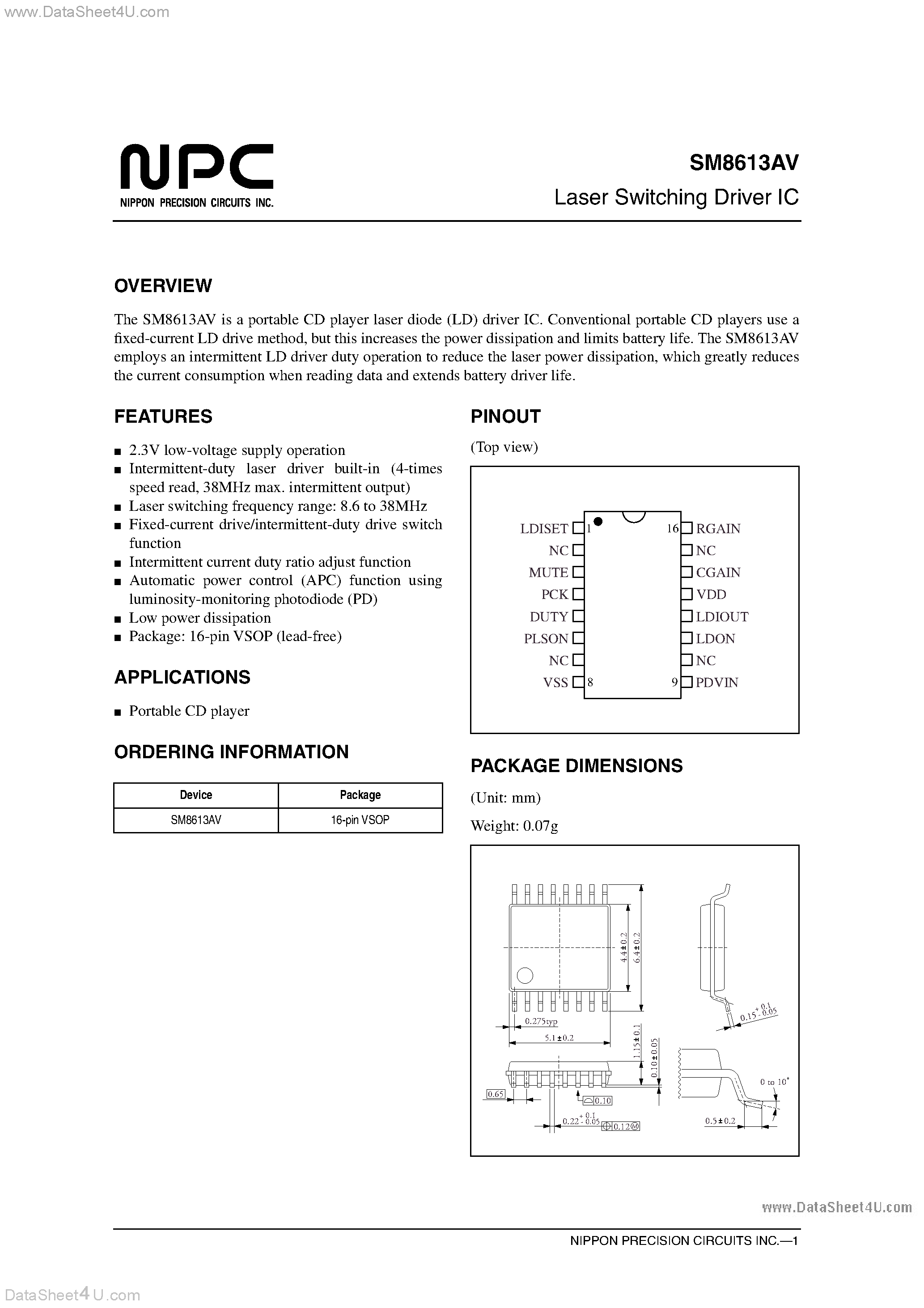 Datasheet SM8613AV - Laser Switching Driver IC page 1