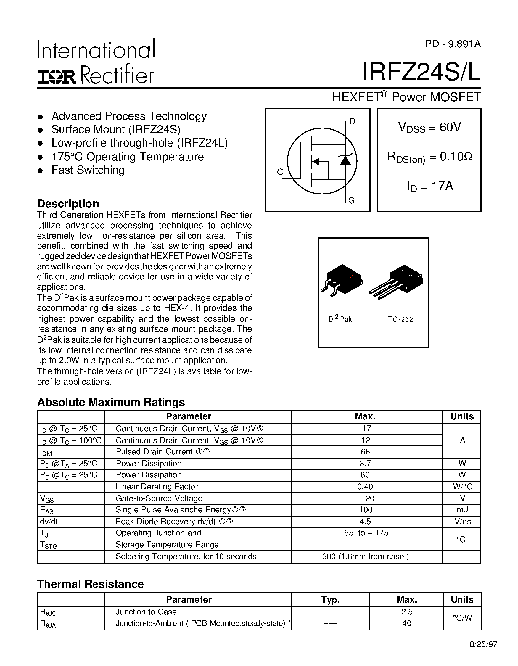 Даташит IRFZ24L - HEXFET Power MOSFET страница 1