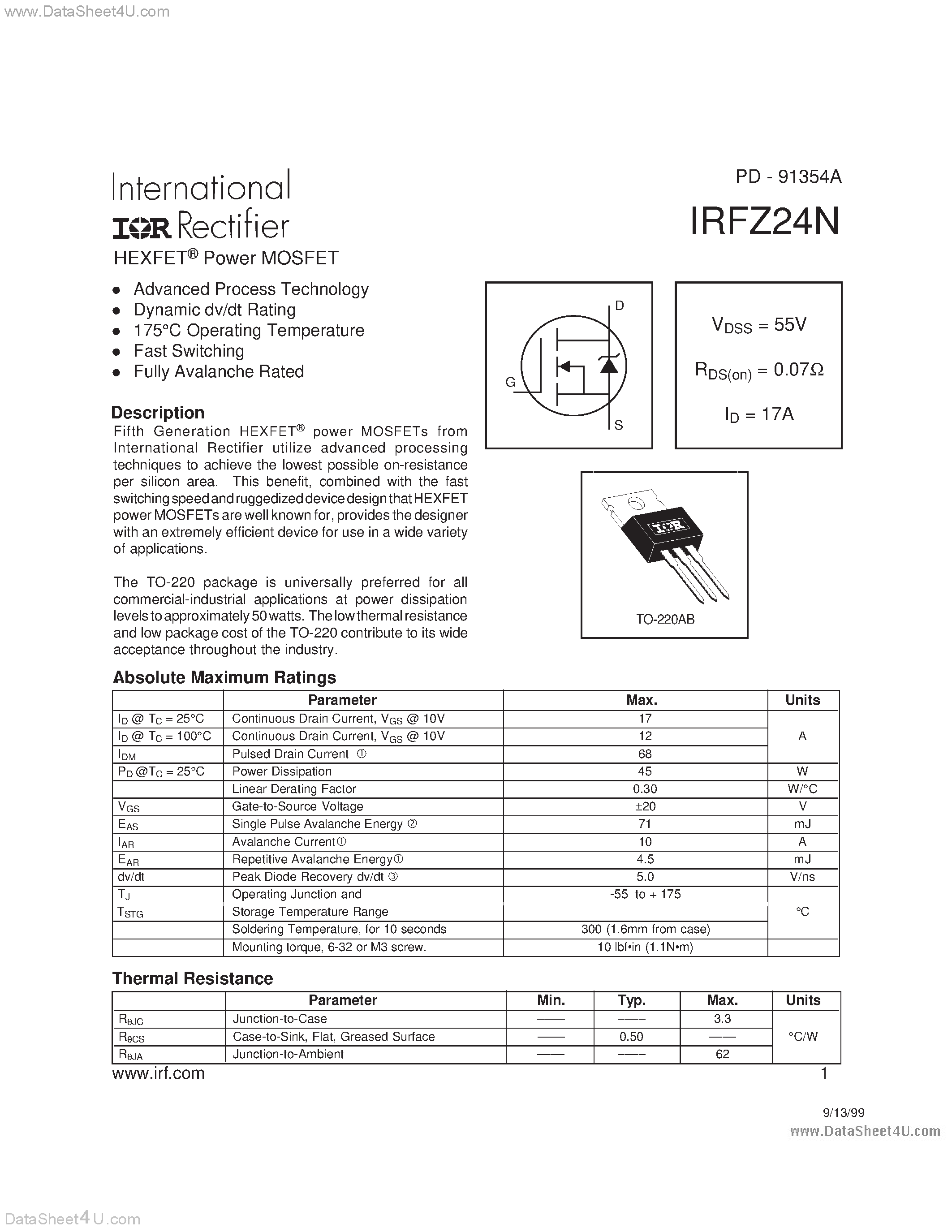 Даташит IRFZ24N - Power MOSFET страница 1