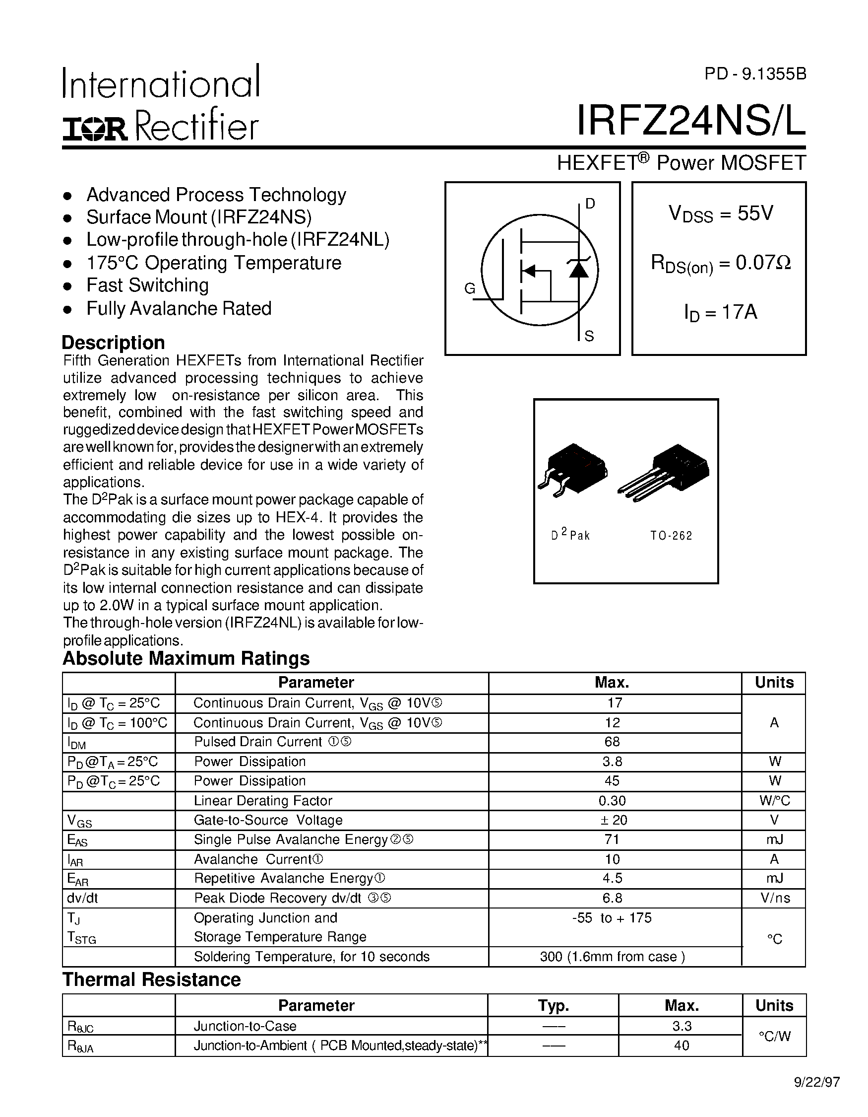 Даташит IRFZ24NL - Power MOSFET страница 1