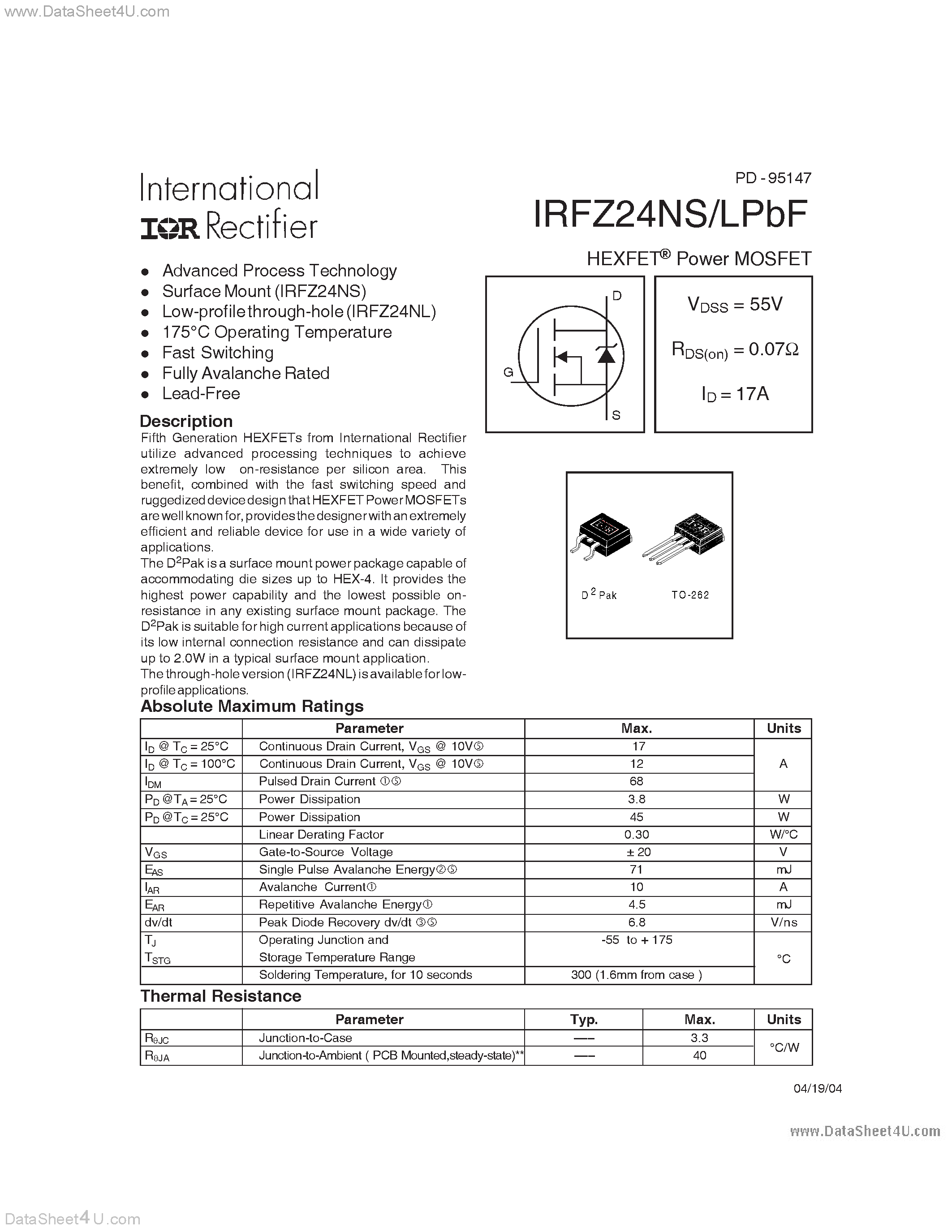 Даташит IRFZ24NLPBF - HEXFET Power MOSFET страница 1