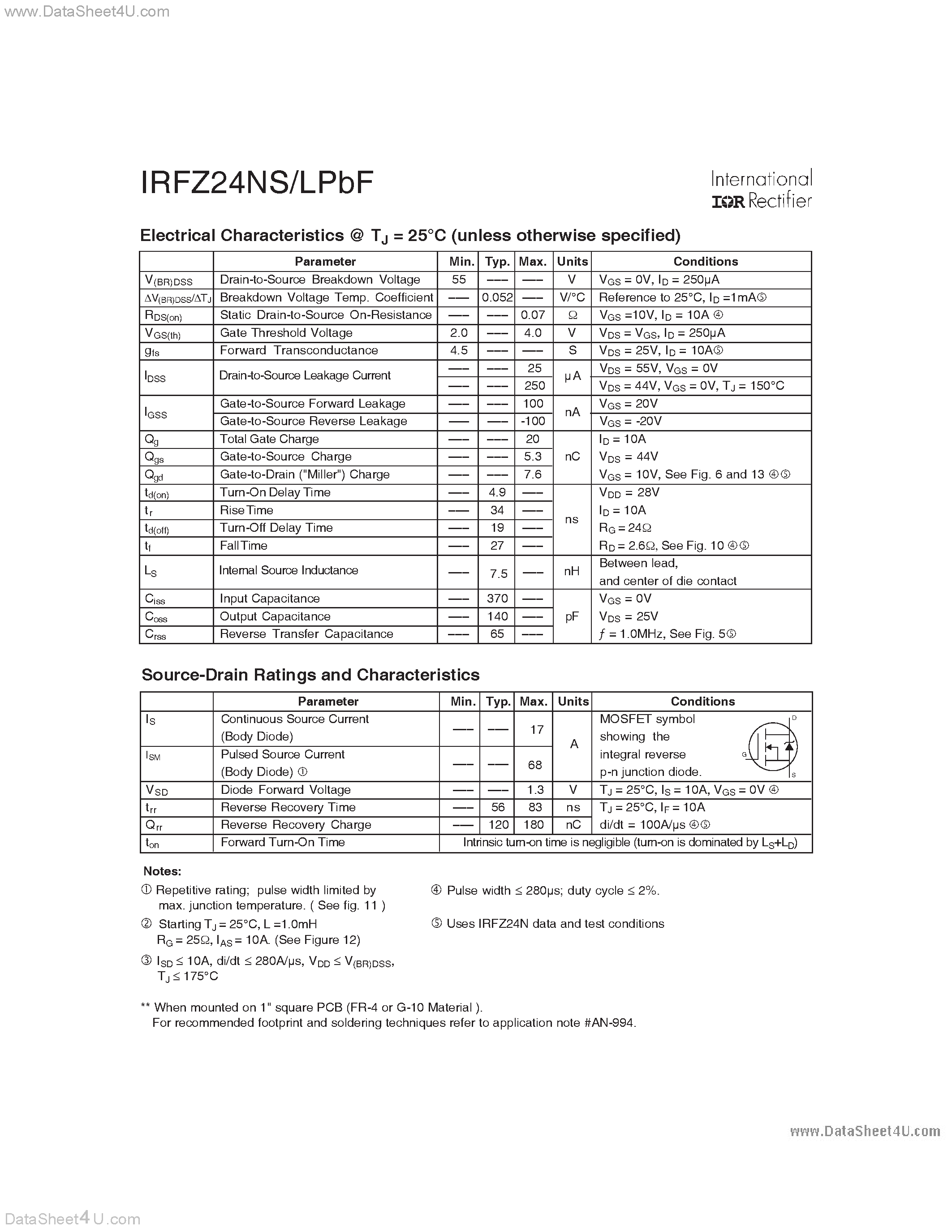 Даташит IRFZ24NLPBF - HEXFET Power MOSFET страница 2