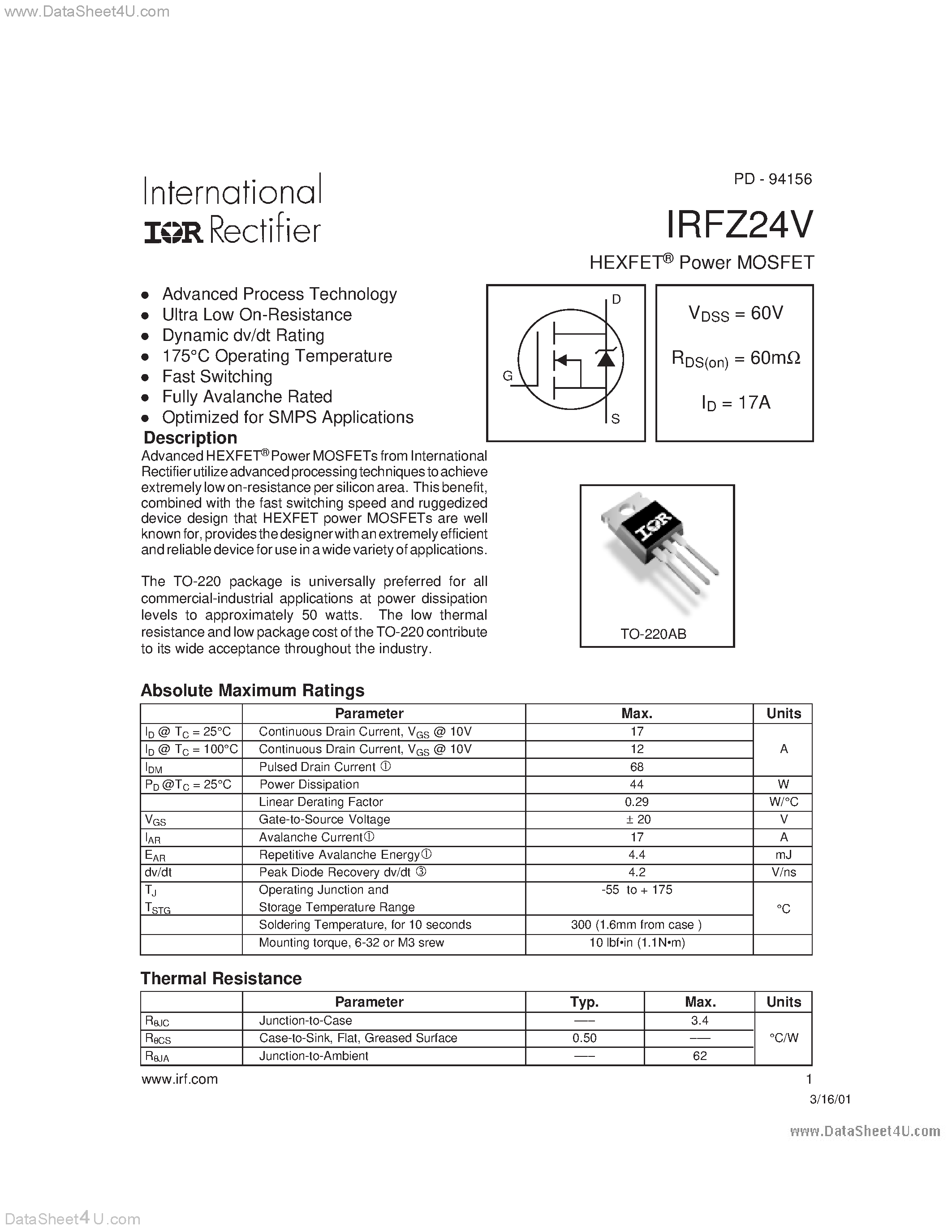 Даташит IRFZ24V - Power MOSFET страница 1