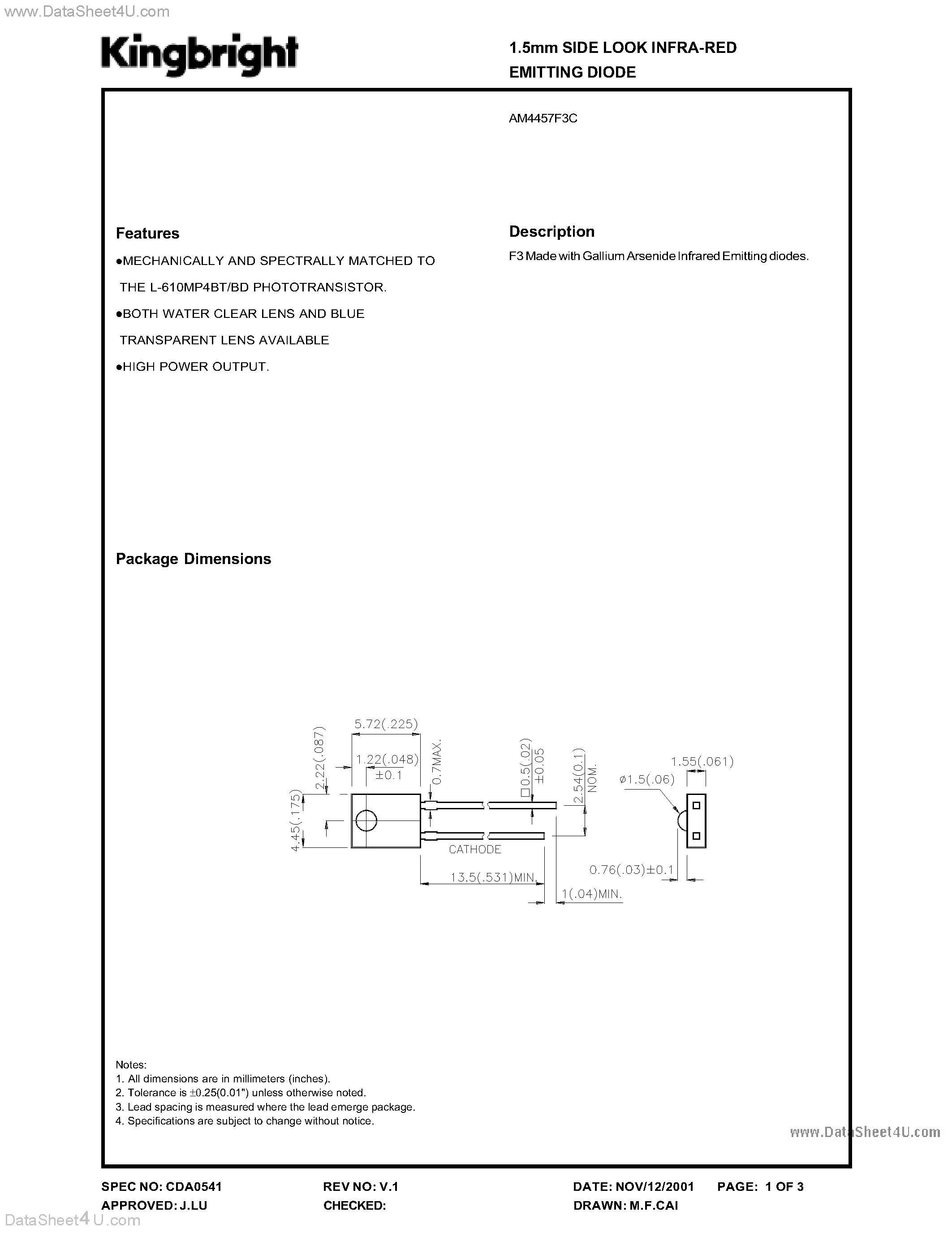 Даташит AM4457F3C - 1.5mm SIDE LOOK INFRA-RED EMITTING DIODE страница 1