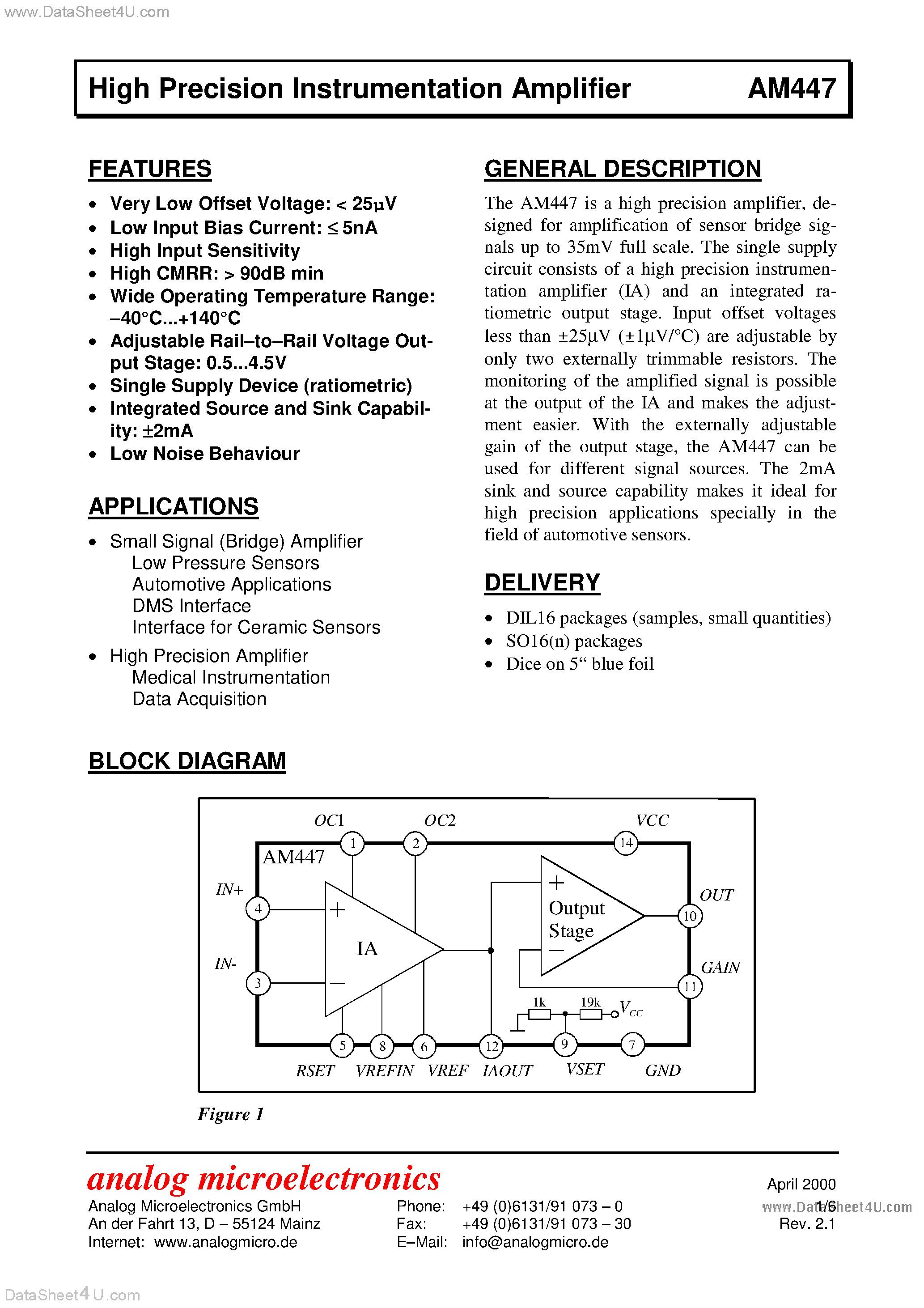 Даташит AM447 - High Precision Instrumentation Amplifier страница 1