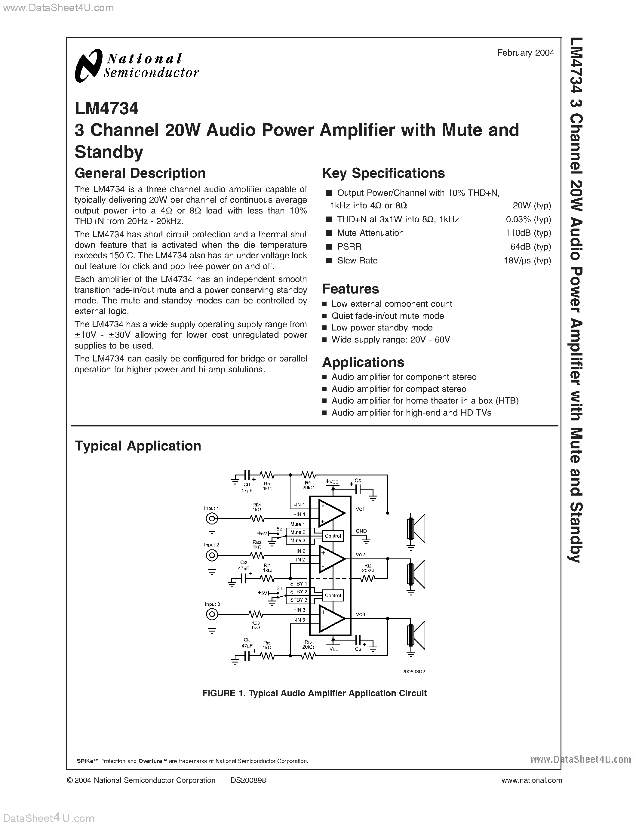 Даташит LM4734 - 3 Channel 20W Audio Power Amplifier страница 1