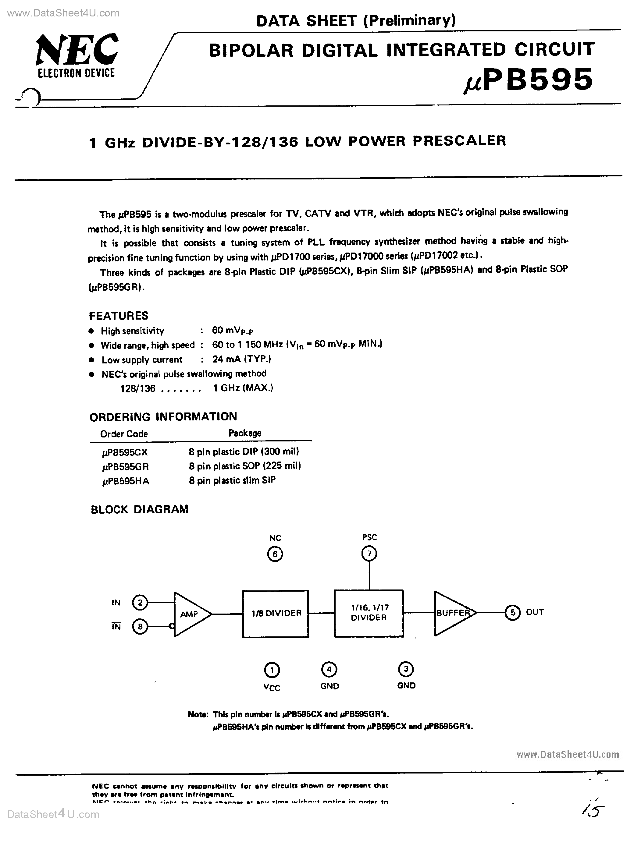 Даташит UPB595 - 1 Ghz Divide By 128/136 Low Power Prescaler страница 1