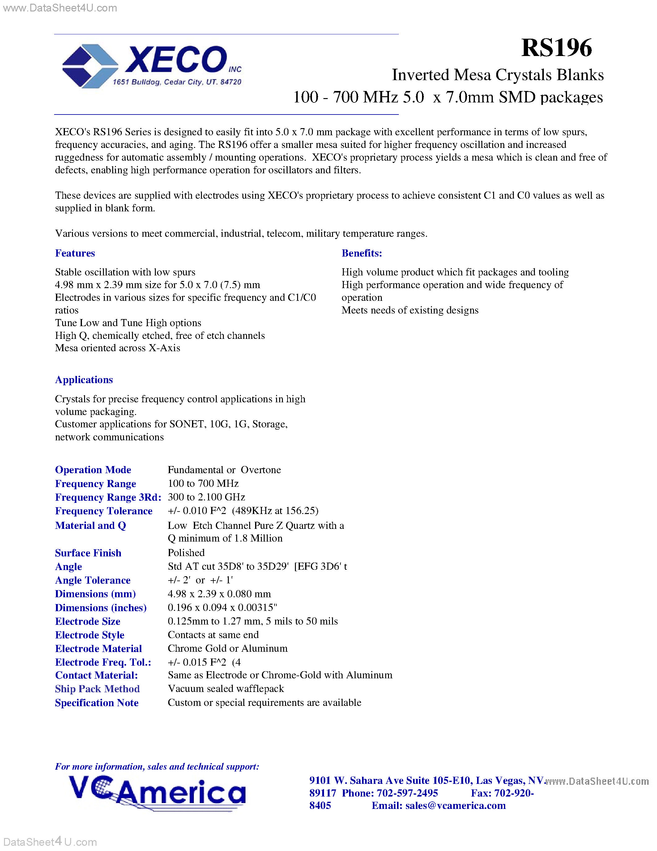 Datasheet RS196 - Inverted Mesa Crystals Blanks 100 - 700 MHz 5.0 x 7.0mm SMD packages page 1