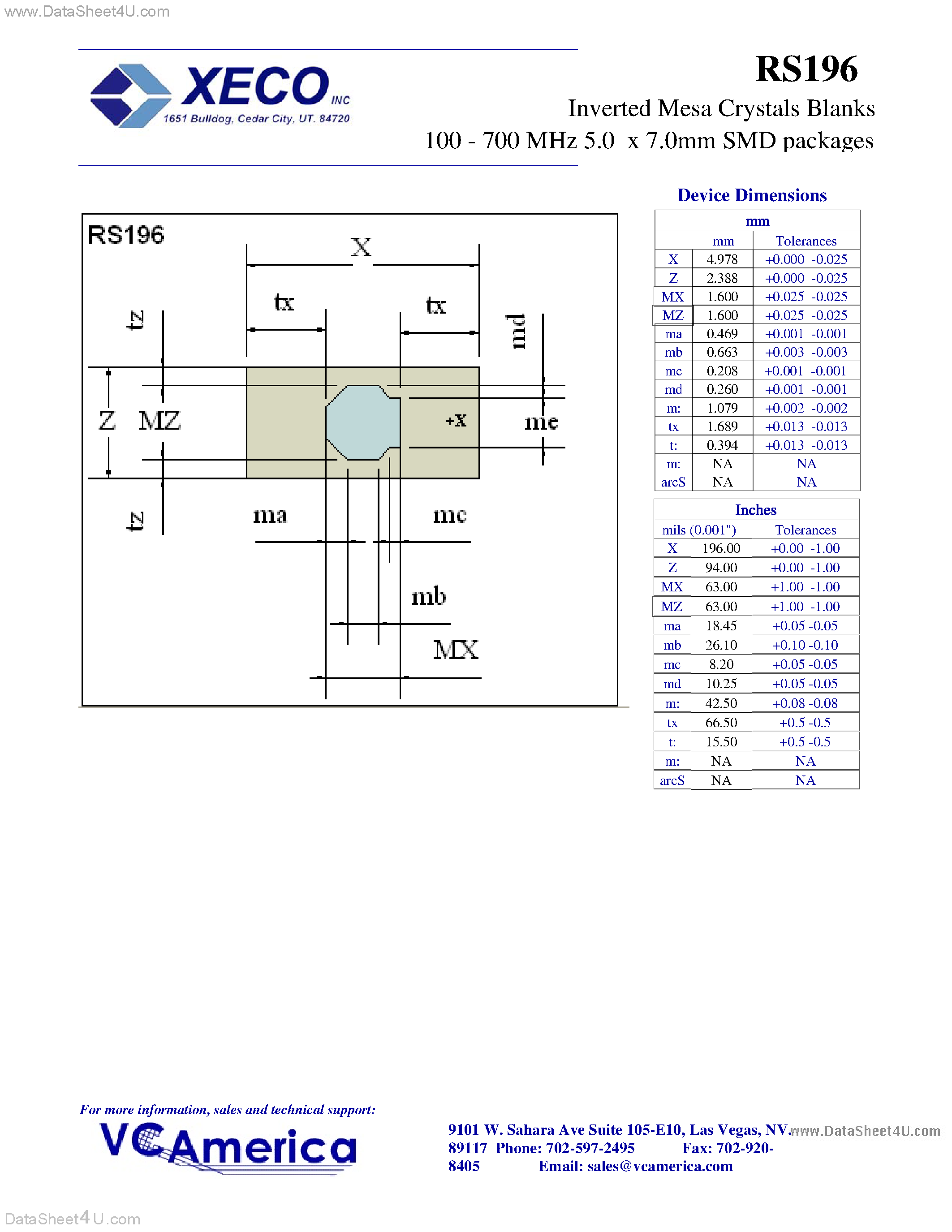 Datasheet RS196 - Inverted Mesa Crystals Blanks 100 - 700 MHz 5.0 x 7.0mm SMD packages page 2