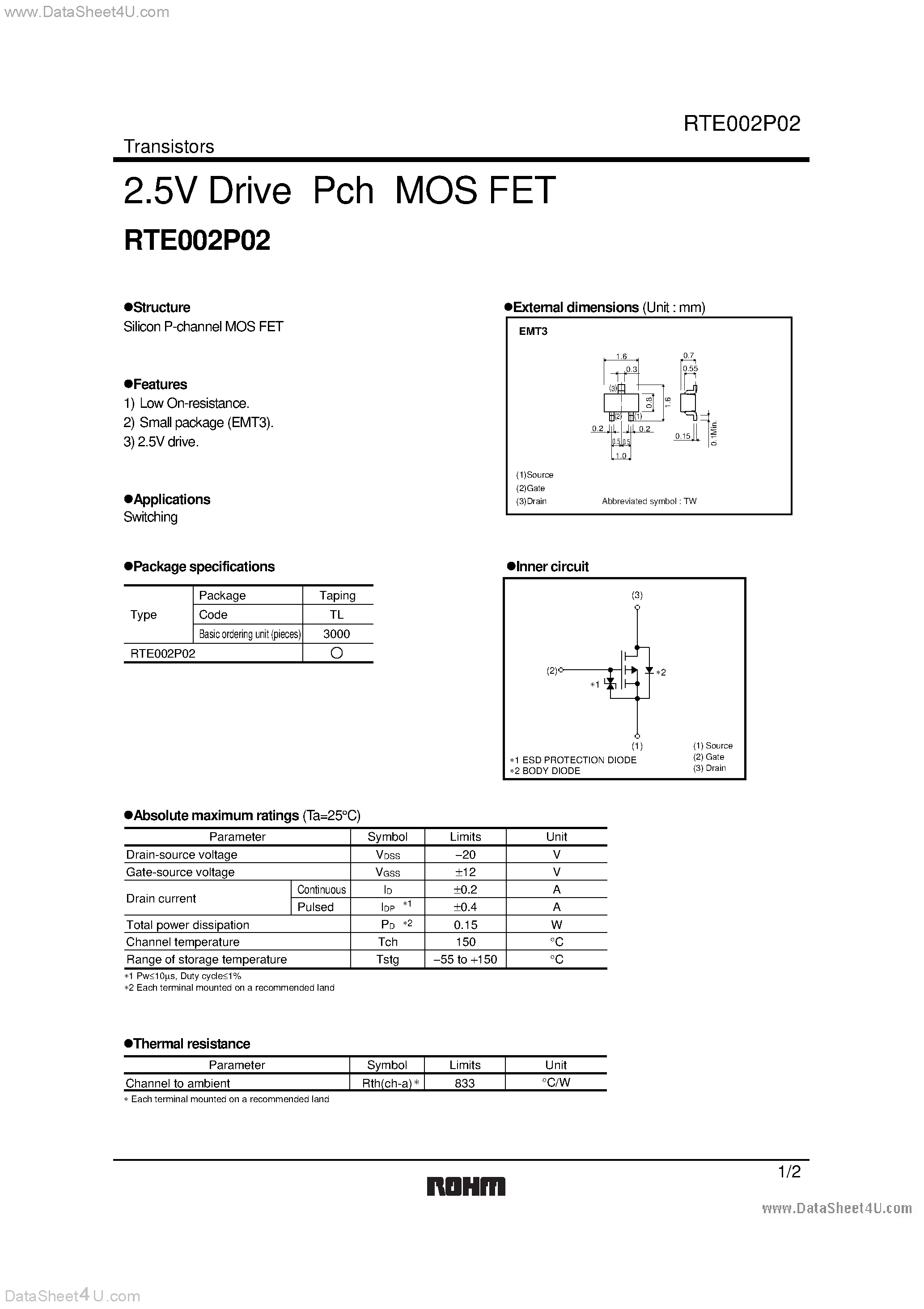 Даташит RTE002P02 - 2.5V Drive Pch MOS FET страница 1