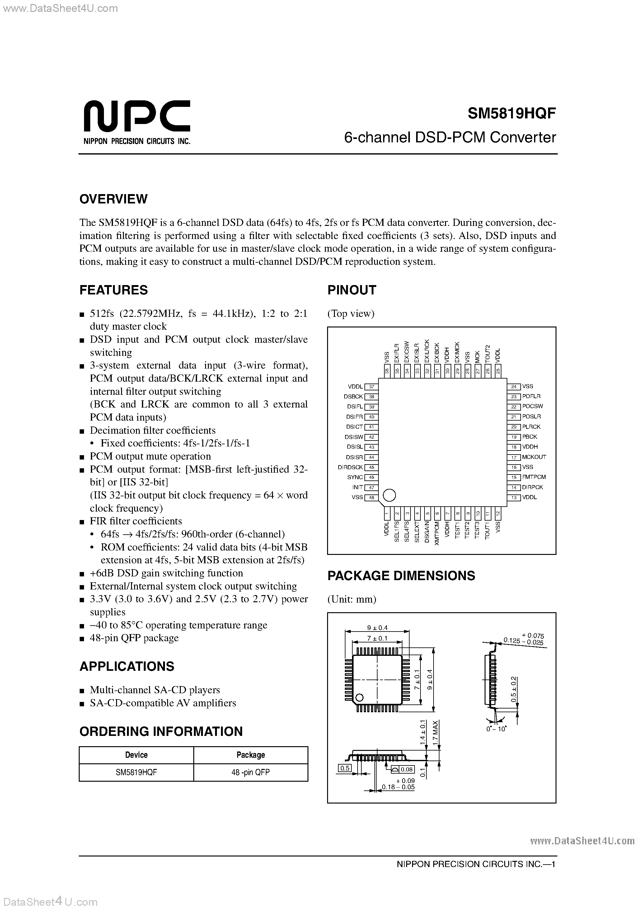 Datasheet SM5819HQF - 6-channel DSD-PCM Converter page 1