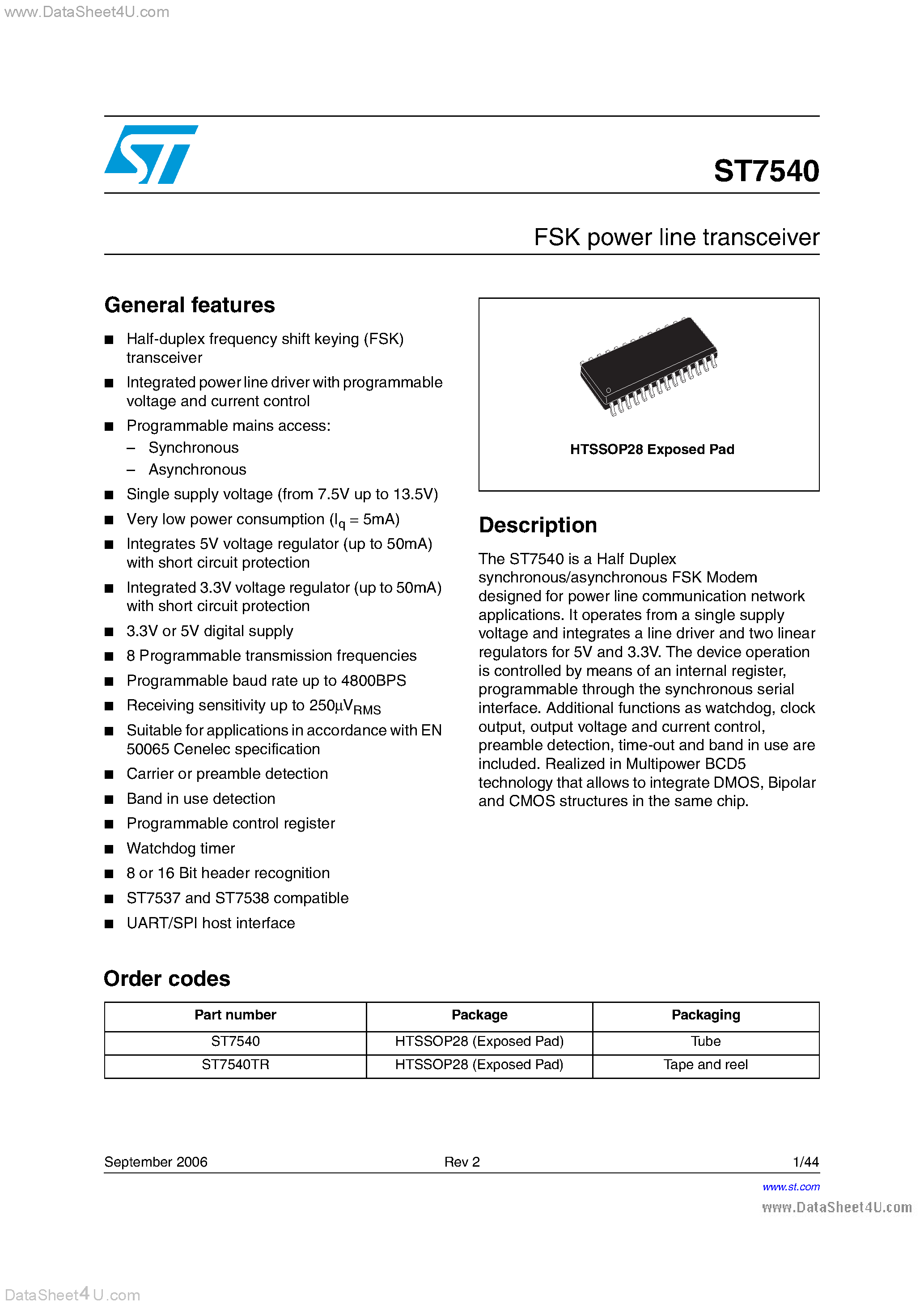 Даташит ST7540 - FSK power line transceiver страница 1