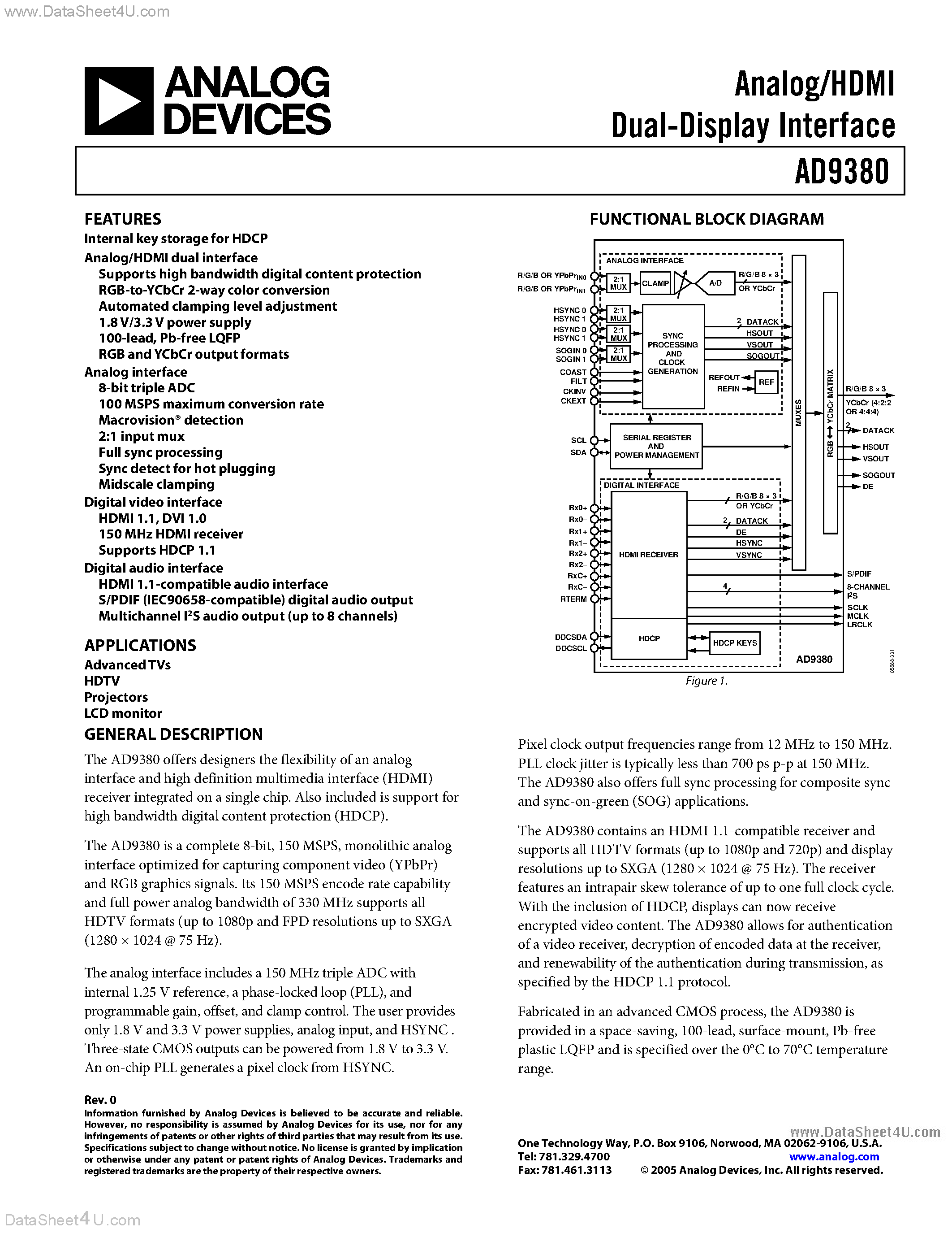 Datasheet AD9380 - Analog/HDMI Dual-Display Interface page 1