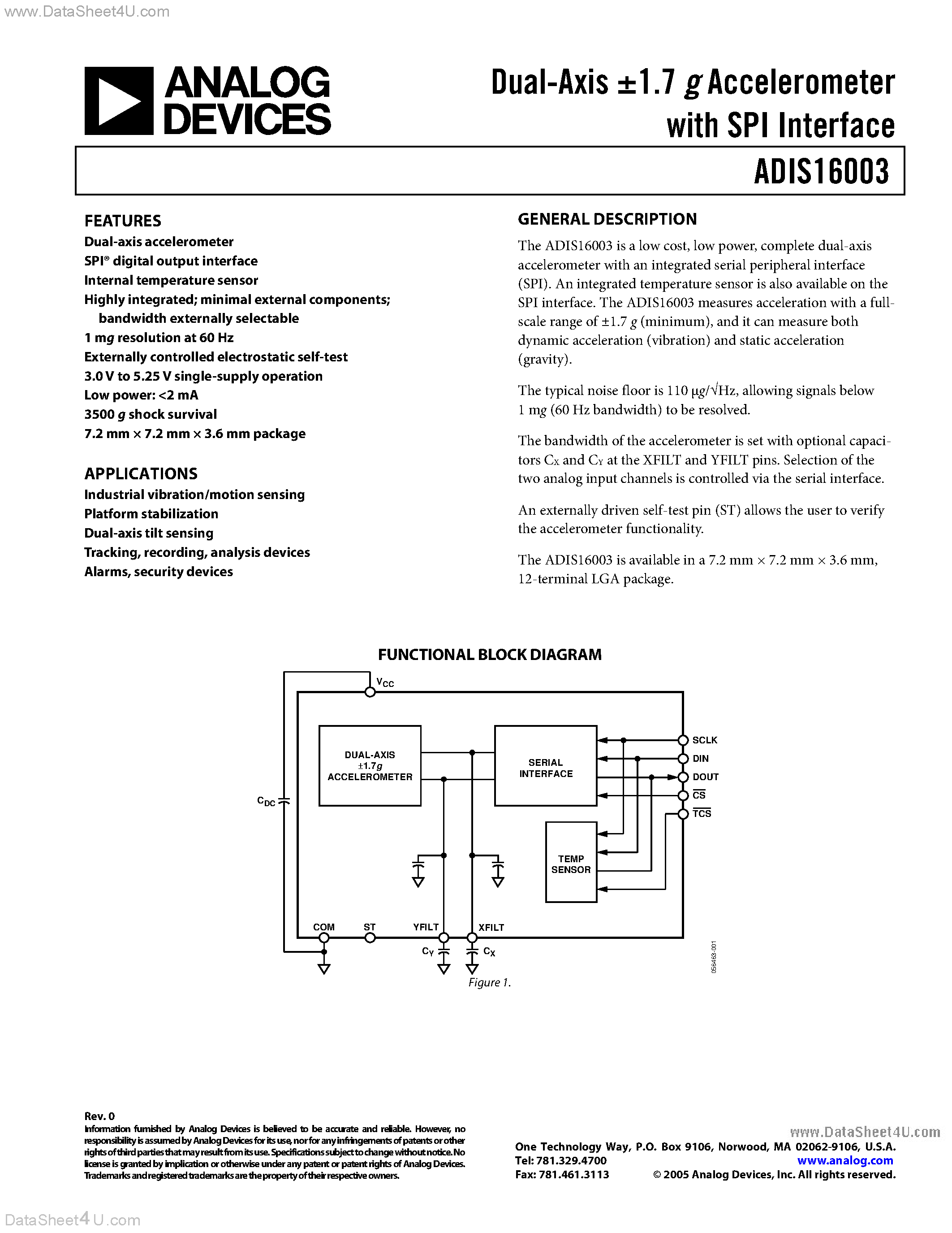 Даташит ADIS16003 - Dual-Axis +-1.7 g Accelerometer страница 1