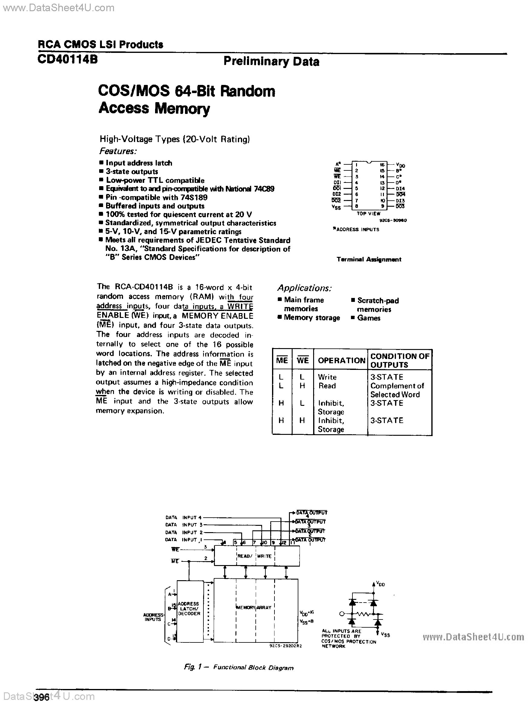 Datasheet CD40114B - COS / MOS 64-Bit RAM page 1