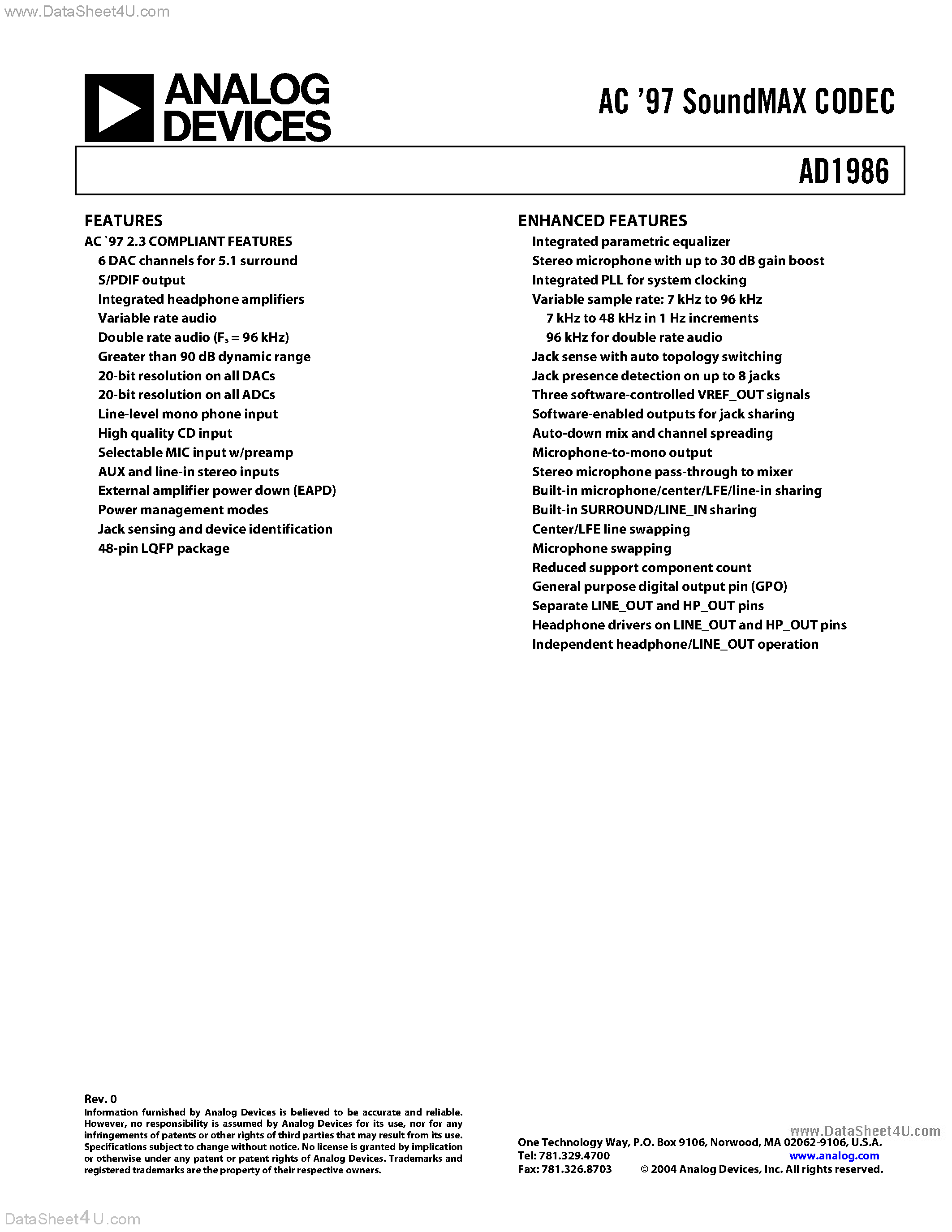 Datasheet AD1986 - SoundMAX CODEC page 1